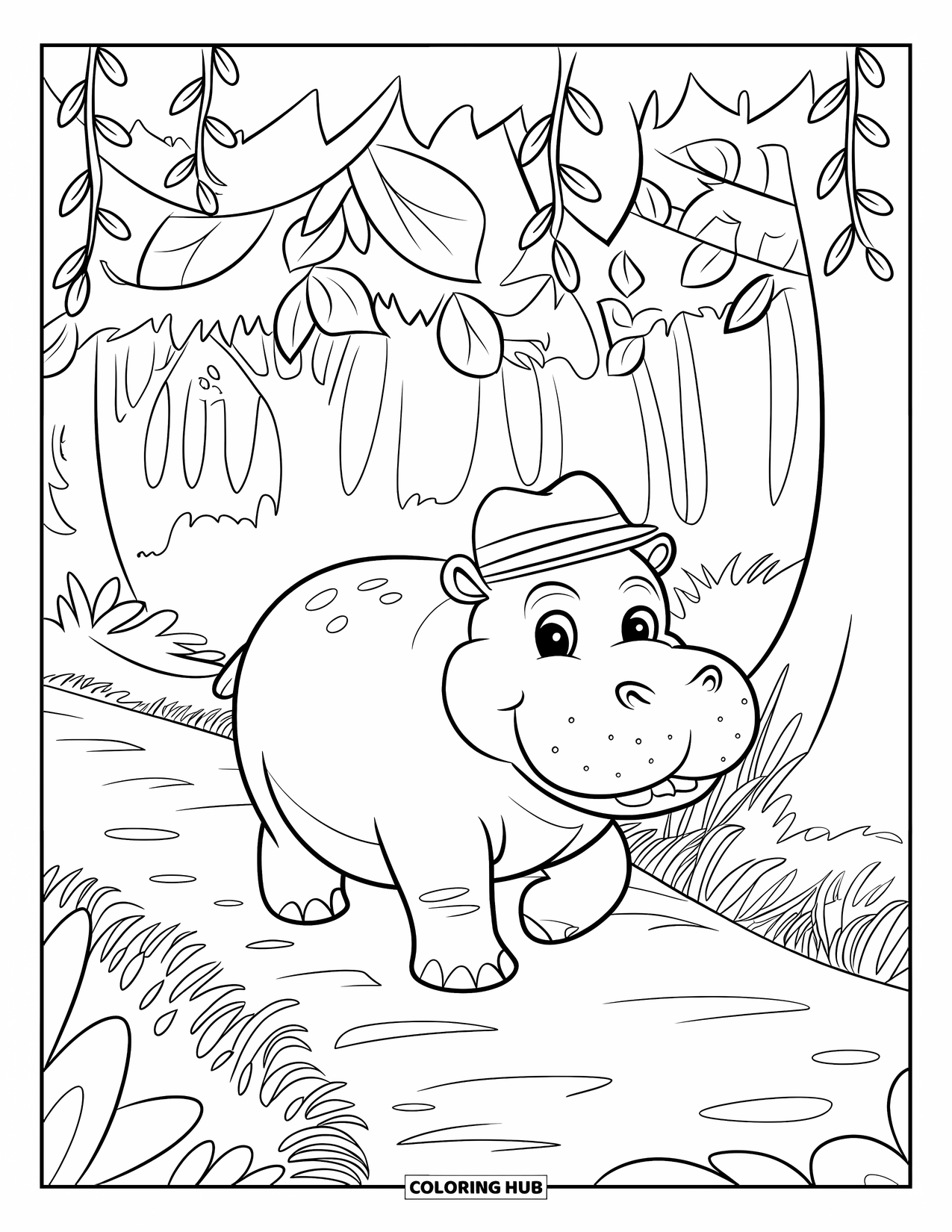 Kolorowanka z hipopotamem dla dzieci: Wesoły hipopotam w kapeluszu idzie liściastą ścieżką w dżungli