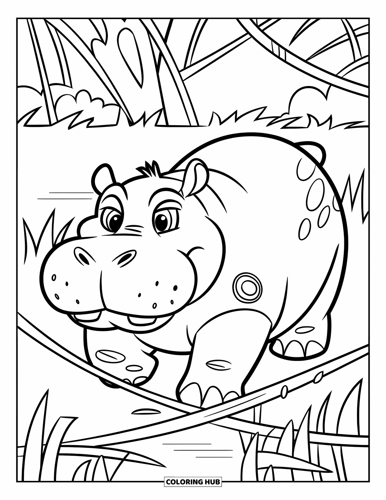 Kolorowanka z hipopotamem dla dzieci: Skupiony hipopotam eksploruje dżunglę przez gęstą trawę i wijące się pnącza