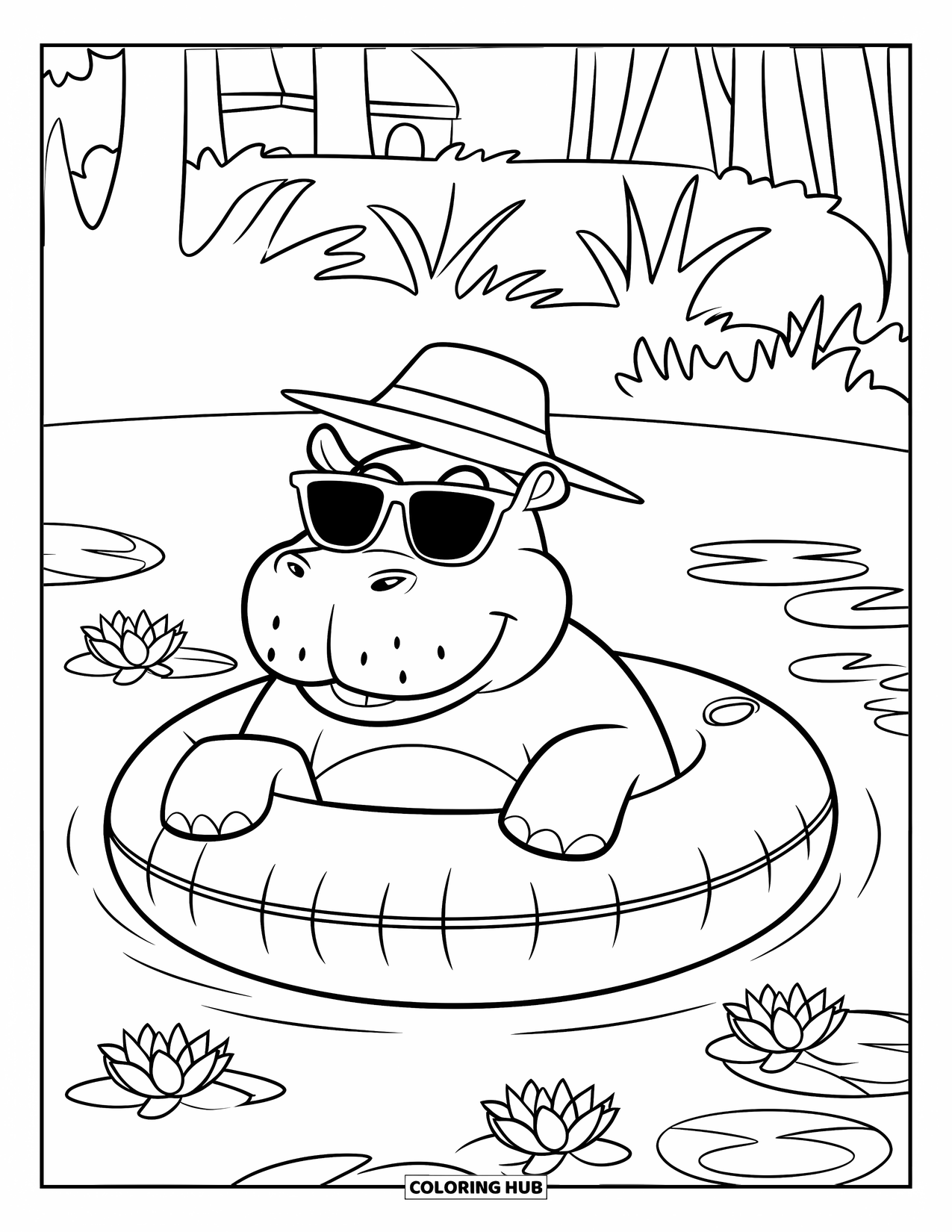 Kolorowanka z hipopotamem dla dzieci: Szczęśliwy hipopotam unosi się na dętce, nosząc okulary przeciwsłoneczne i słomkowy kapelusz