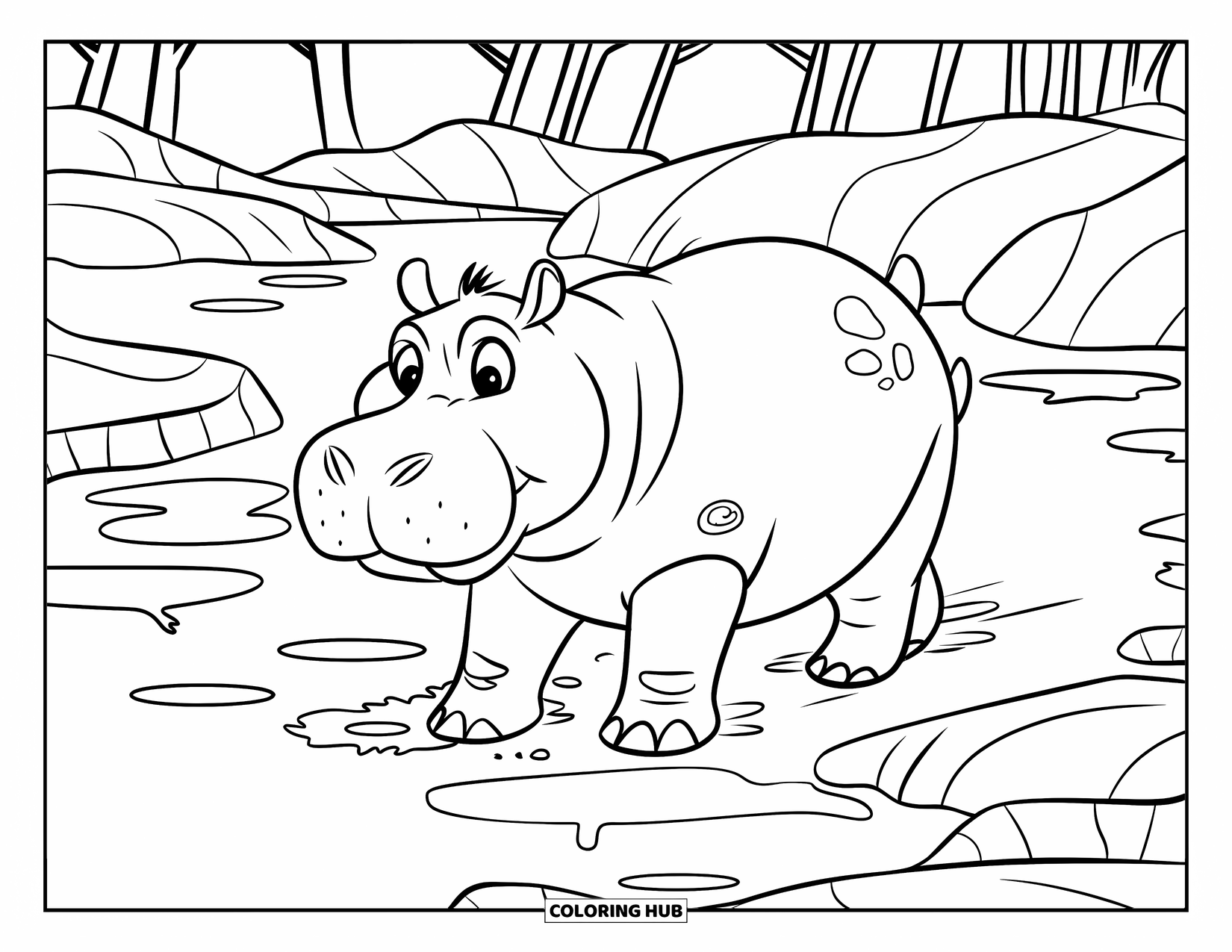 Kolorowanka z hipopotamem dla dzieci: Szczęśliwy hipopotam idzie po błotnistym terenie z kałużami i drzewami wokół