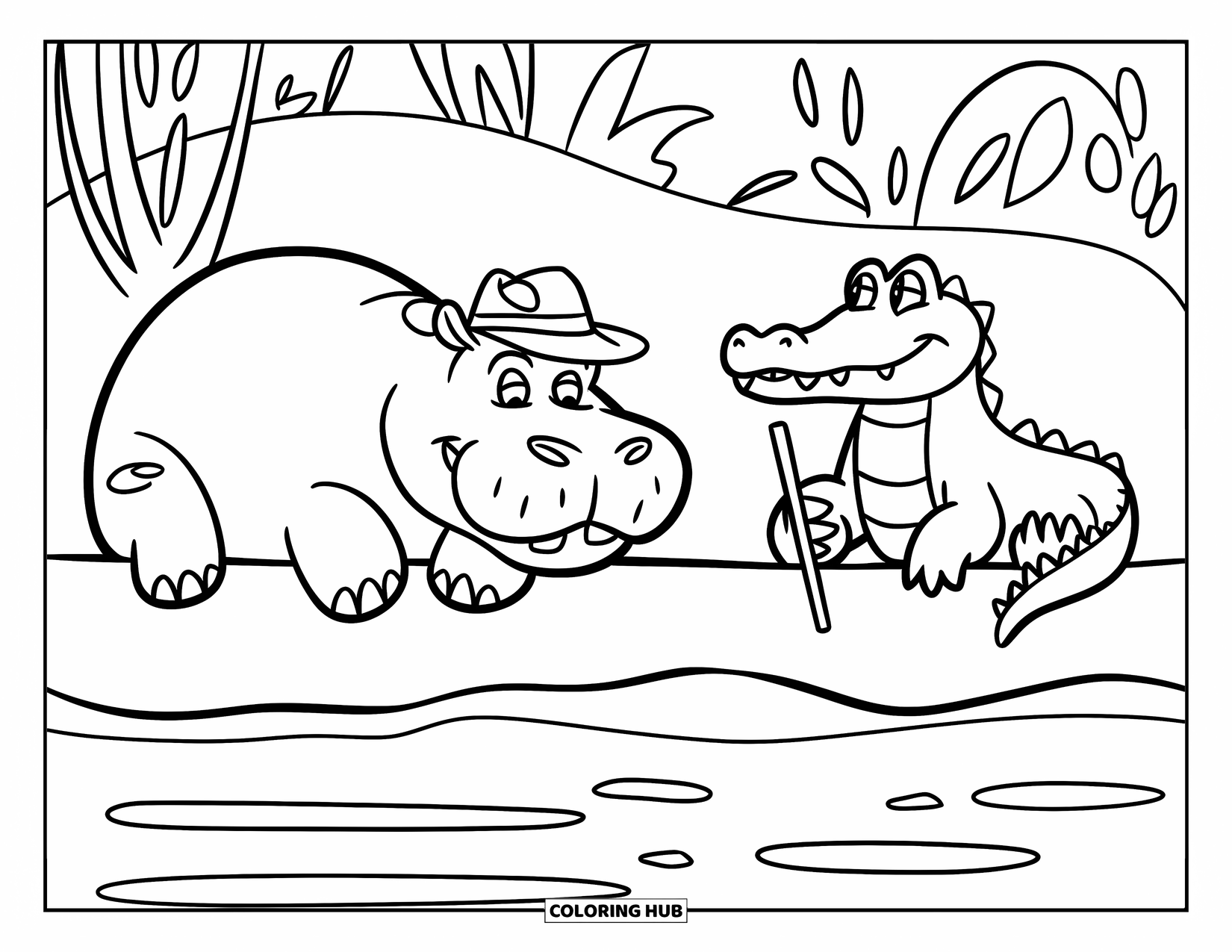 Kolorowanka z hipopotamem dla dzieci: Hipopotam i krokodyl odpoczywają spokojnie po przeciwnych stronach cichego brzegu rzeki