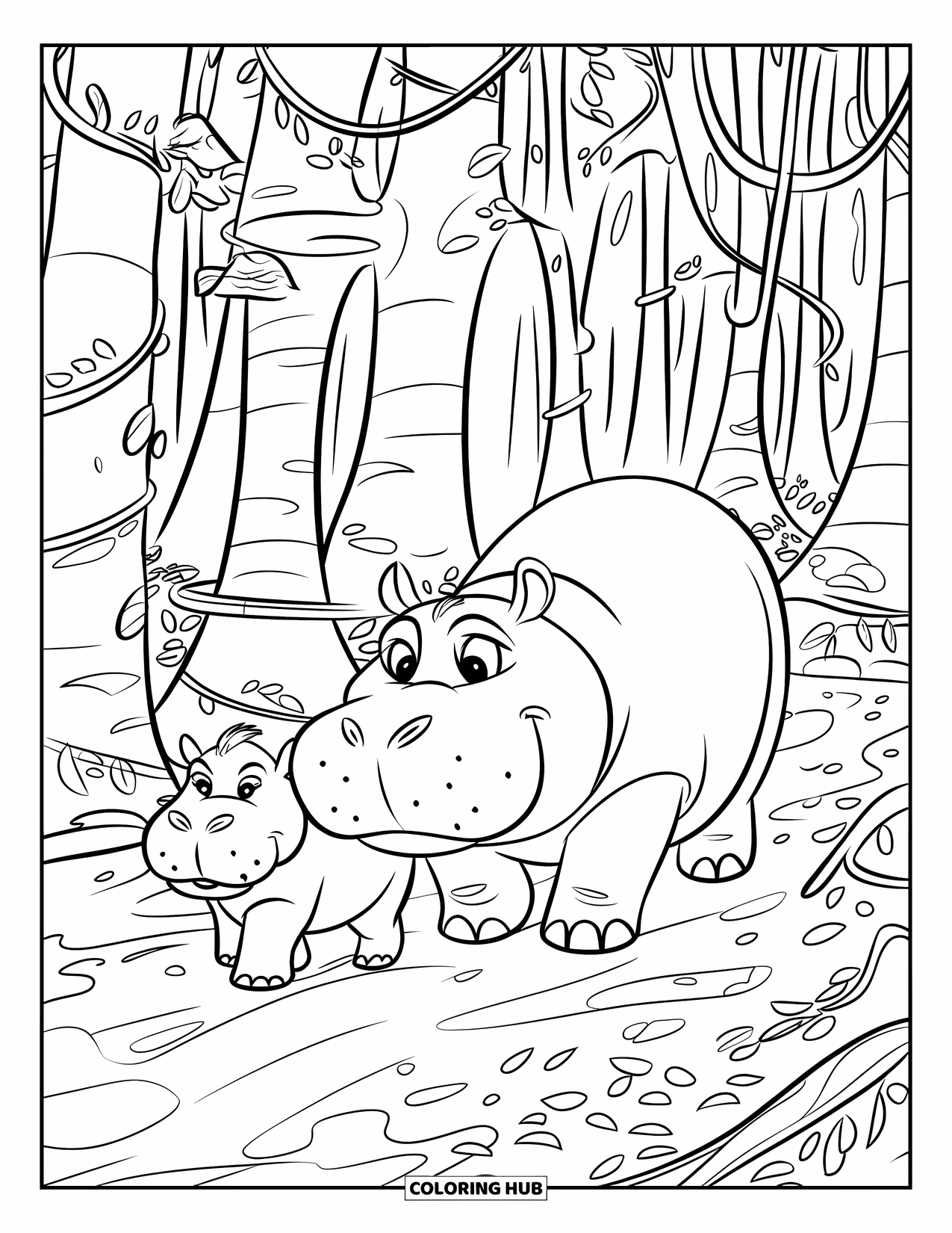 Kolorowanka z hipopotamem dla dzieci: Hipopotam i jego cielak idą przez ciemną dżunglę wypełnioną pnączami i drzewami