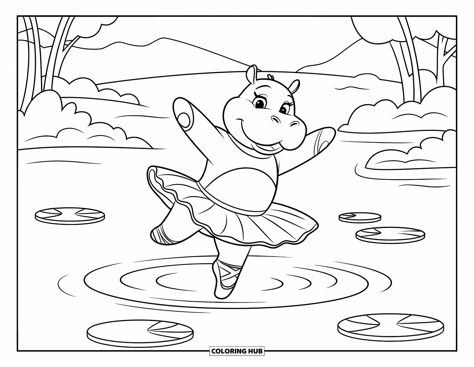 Kolorowanka z hipopotamem dla dzieci: Hipopotam-balerina wiruje w płytkiej wodzie, a wokół niej góry i lilie wodne