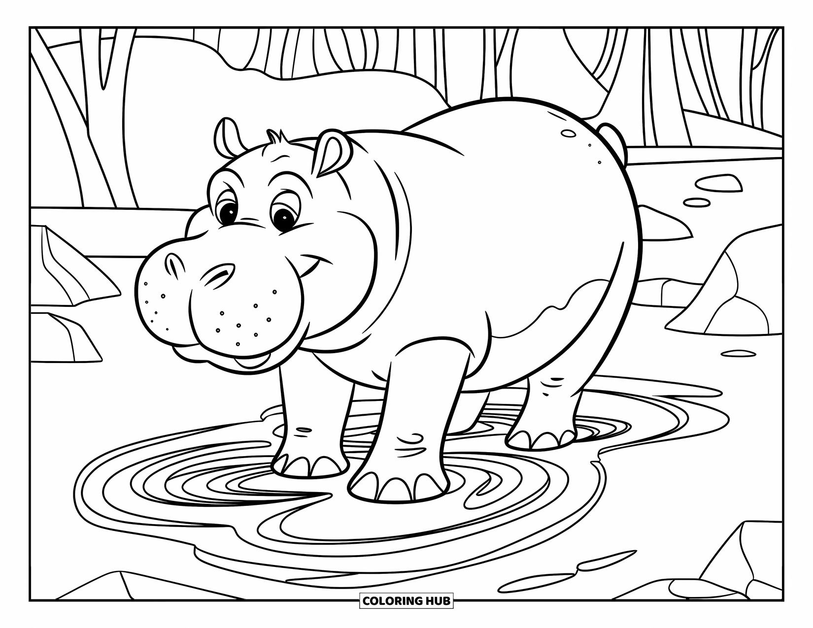 Kolorowanka z hipopotamem dla dzieci: Hipopotam tworzy błotniste wiry stopami w pobliżu drzew i skał