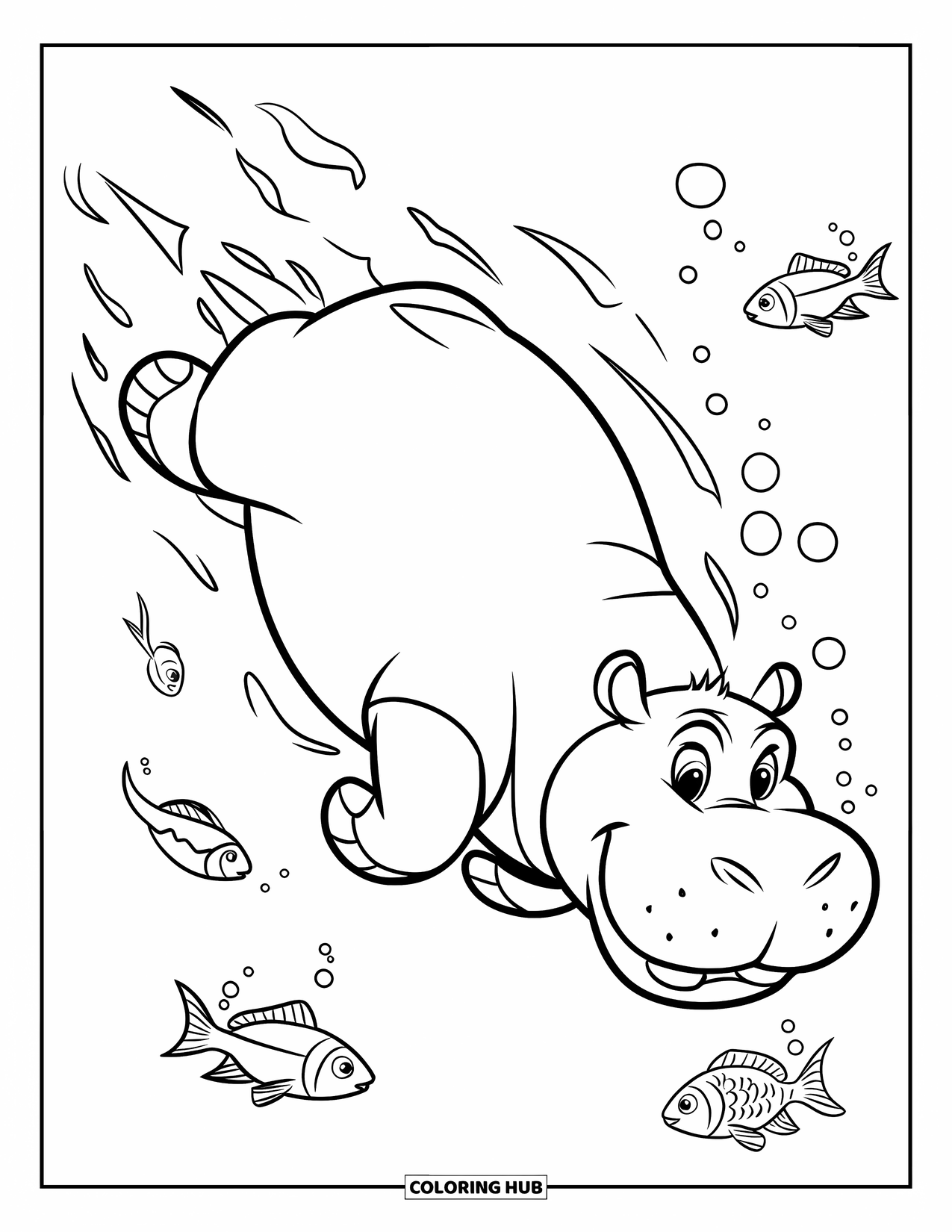 Kolorowanka z hipopotamem dla dzieci: Hipopotam nurkuje pod wodą, a wokół niego pływają ryby i bąbelki