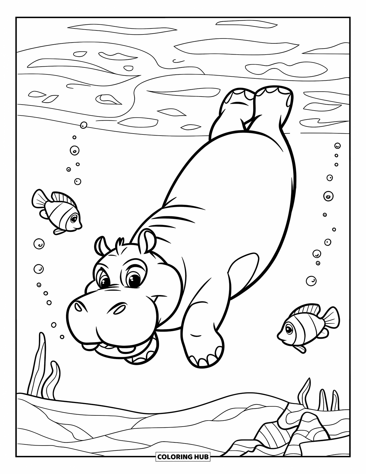Kolorowanka z hipopotamem dla dzieci: Hipopotam nurkuje pod wodą, a wokół niego pływają ryby i bąbelki