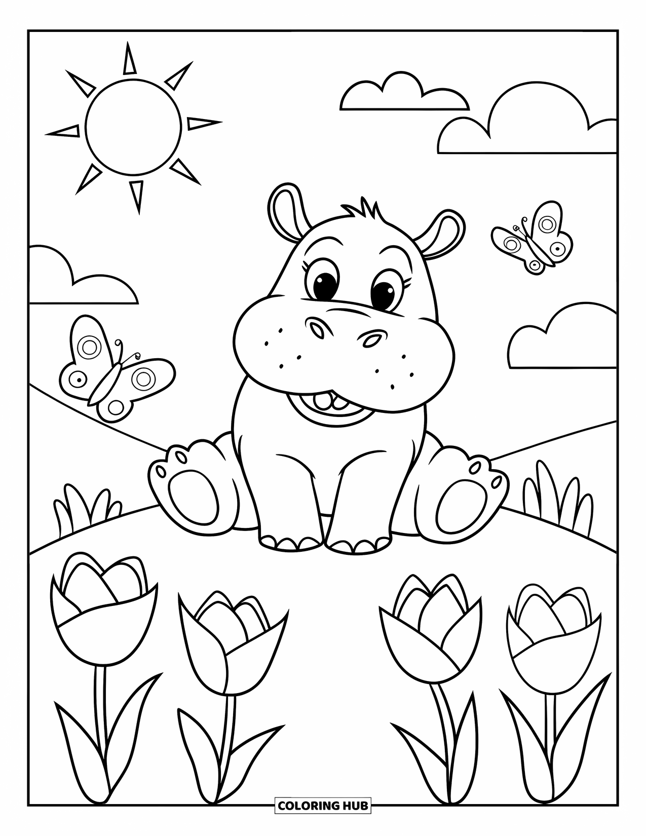 Kolorowanka z hipopotamem dla dzieci: Hipopotam cieszy się słonecznym dniem na wzgórzu z kwiatami i dwoma motylami w pobliżu
