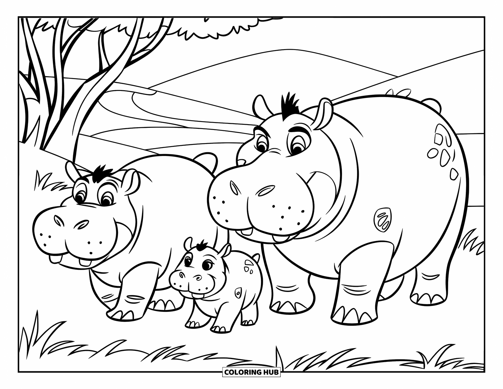Kolorowanka z hipopotamem dla dzieci: Rodzina hipopotamów idzie razem przez trawiastą sawannę z drzewami i wzgórzami wokół