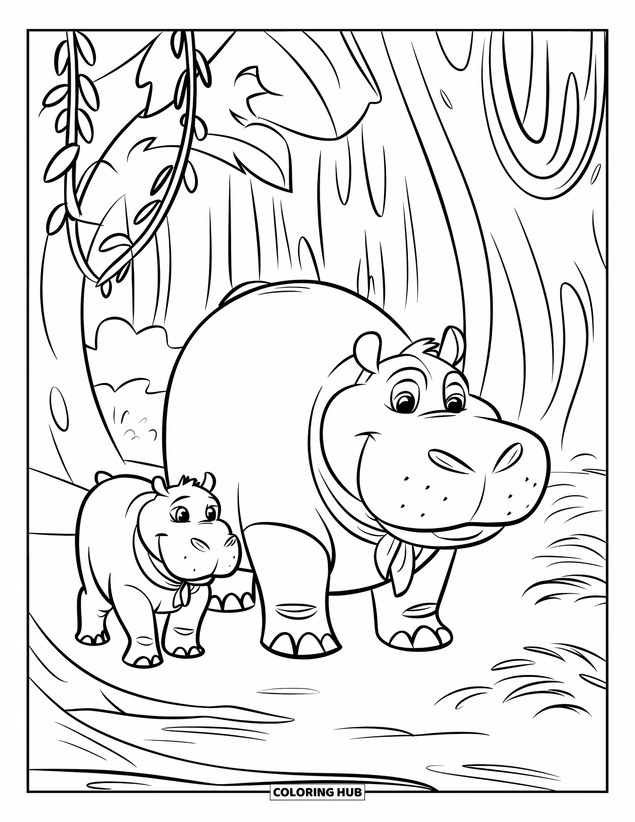 Kolorowanka z hipopotamem dla dzieci: Hipopotam w szaliku idzie ze swoim cielakiem przez liściastą ścieżkę w dżungli