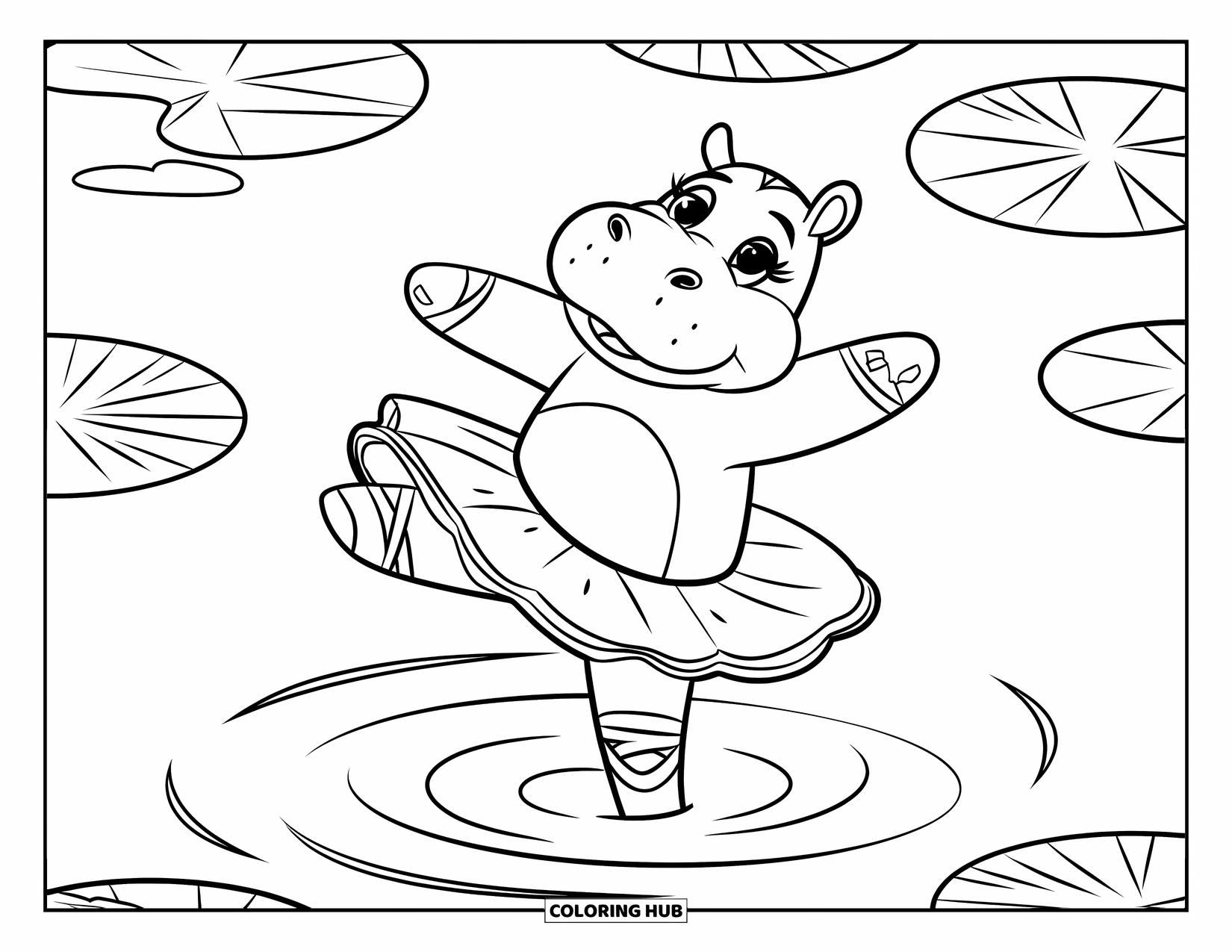 Kolorowanka z hipopotamem dla dzieci: Hipopotam w tutu wiruje wdzięcznie w płytkiej wodzie z liliami wodnymi