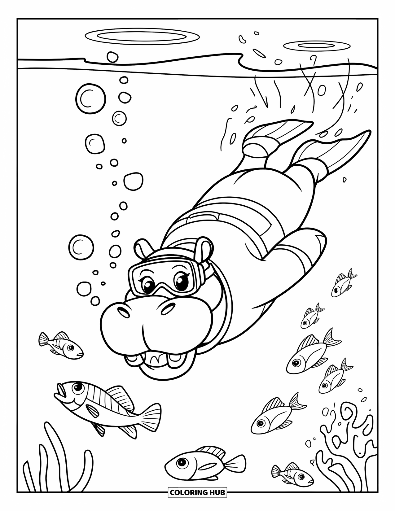 Kolorowanka z hipopotamem dla dzieci: Hipopotam w sprzęcie do nurkowania nurkuje pod wodą, otoczony przez wesołe ryby i bąbelki