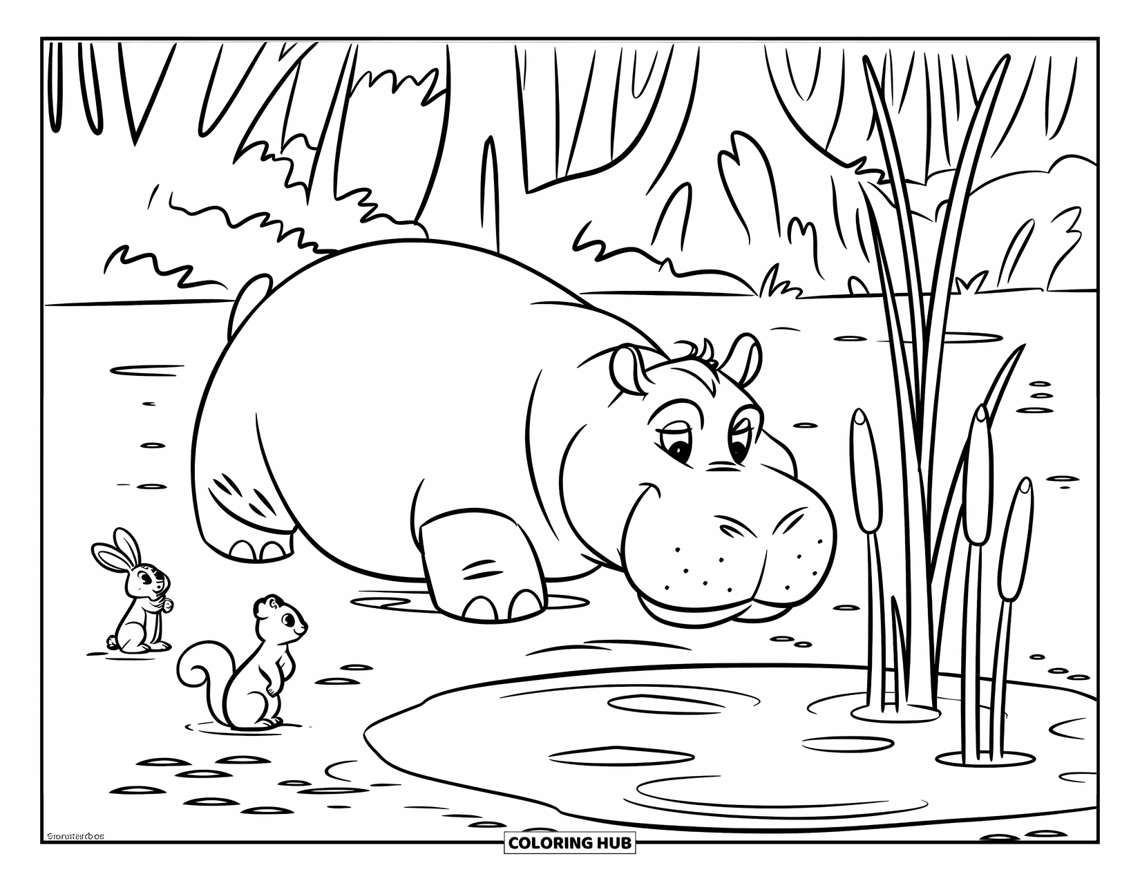 Kolorowanka z hipopotamem dla dzieci: Hipopotam leży obok wodopoju, a w pobliżu znajdują się królik, wiewiórka i żaba
