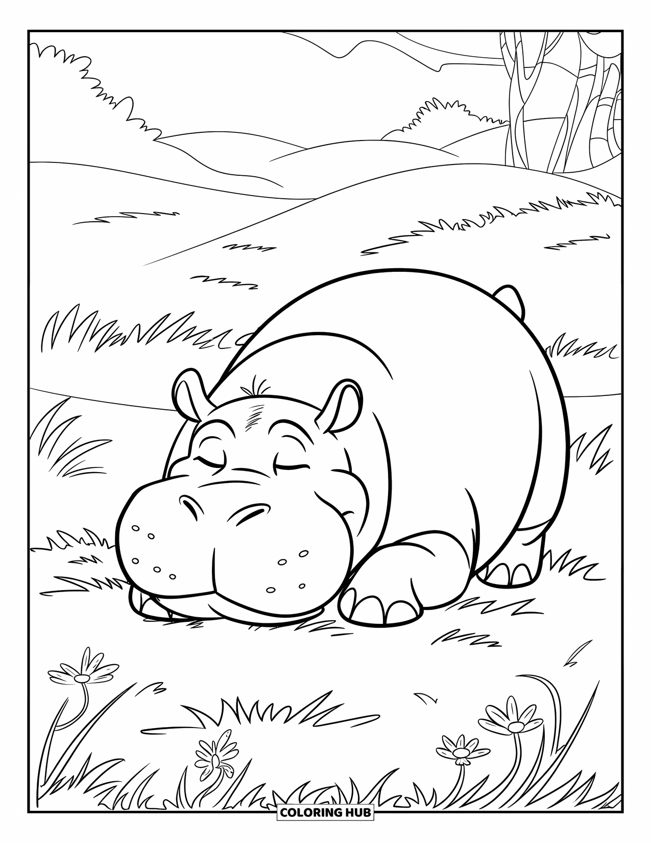 Kolorowanka z hipopotamem dla dzieci: Hipopotam leży szczęśliwie z kwiatami w pobliżu i łagodnymi wzgórzami w oddali
