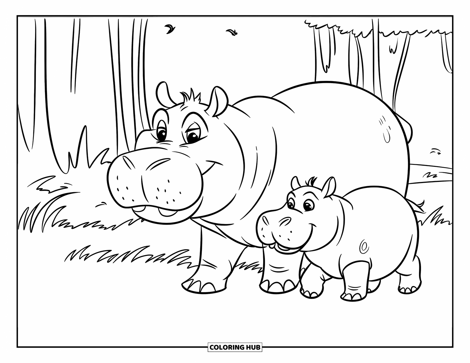 Kolorowanka z hipopotamem dla dzieci: Hipopotam-mama, tata i dziecko idą przez sawannę z ptakami latającymi nad nimi