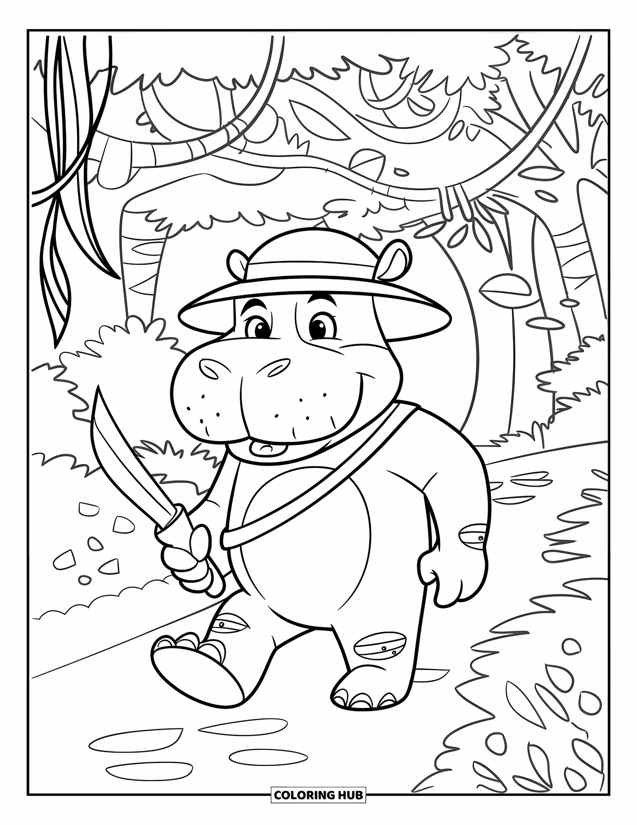 Kolorowanka z hipopotamem dla dzieci: Hipopotam-zwiadowca idzie przez dżunglę w hełmie i z maczetą