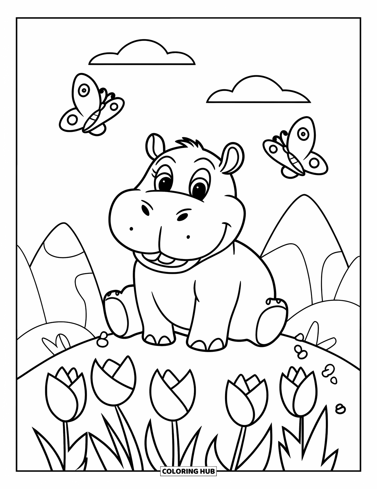 Kolorowanka z hipopotamem dla dzieci: Hipopotam siedzi na wzgórzu otoczonym tulipanami i motylami pod jasnym niebem