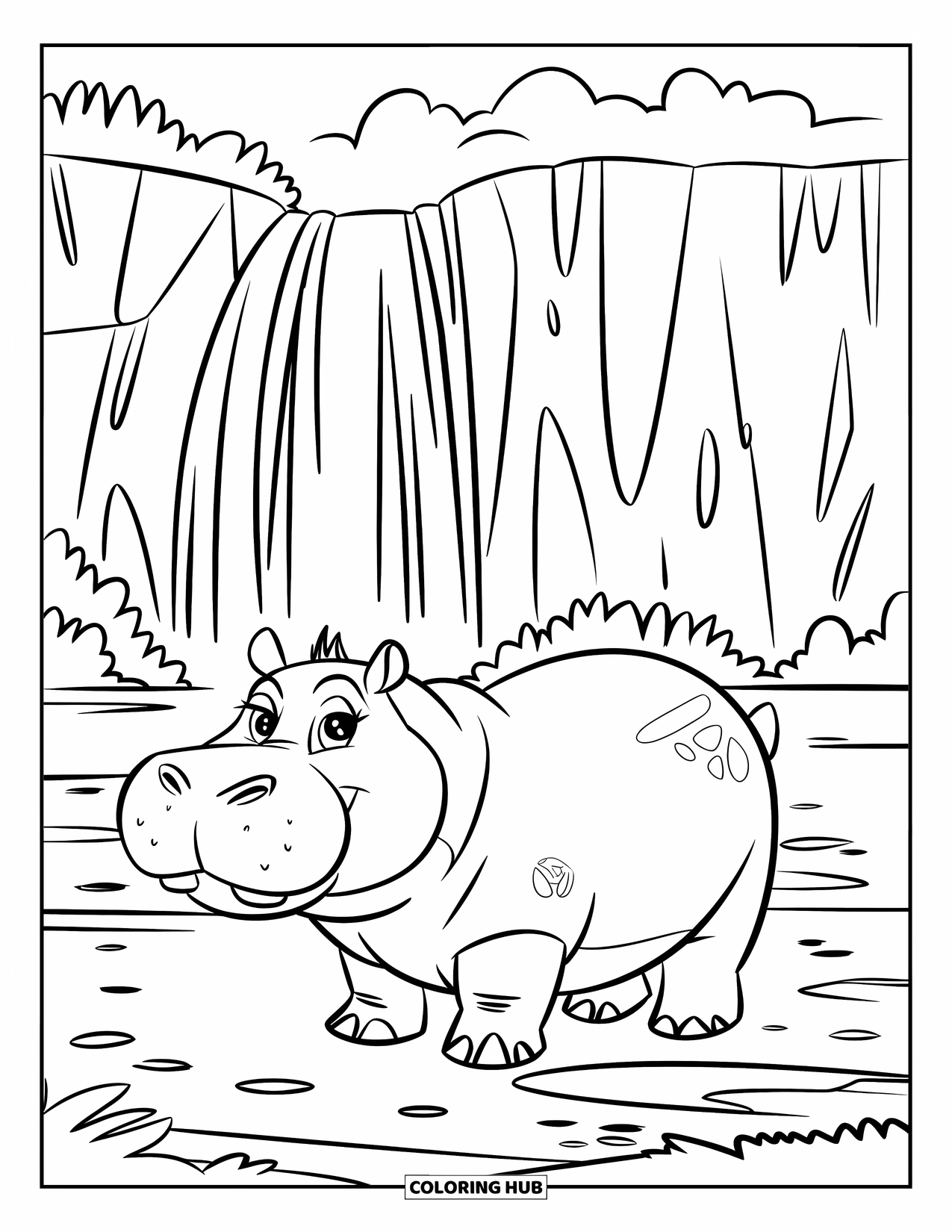 Kolorowanka z hipopotamem dla dzieci: Hipopotam stoi w pobliżu wysokiego wodospadu, otoczony klifami dżungli i zielenią