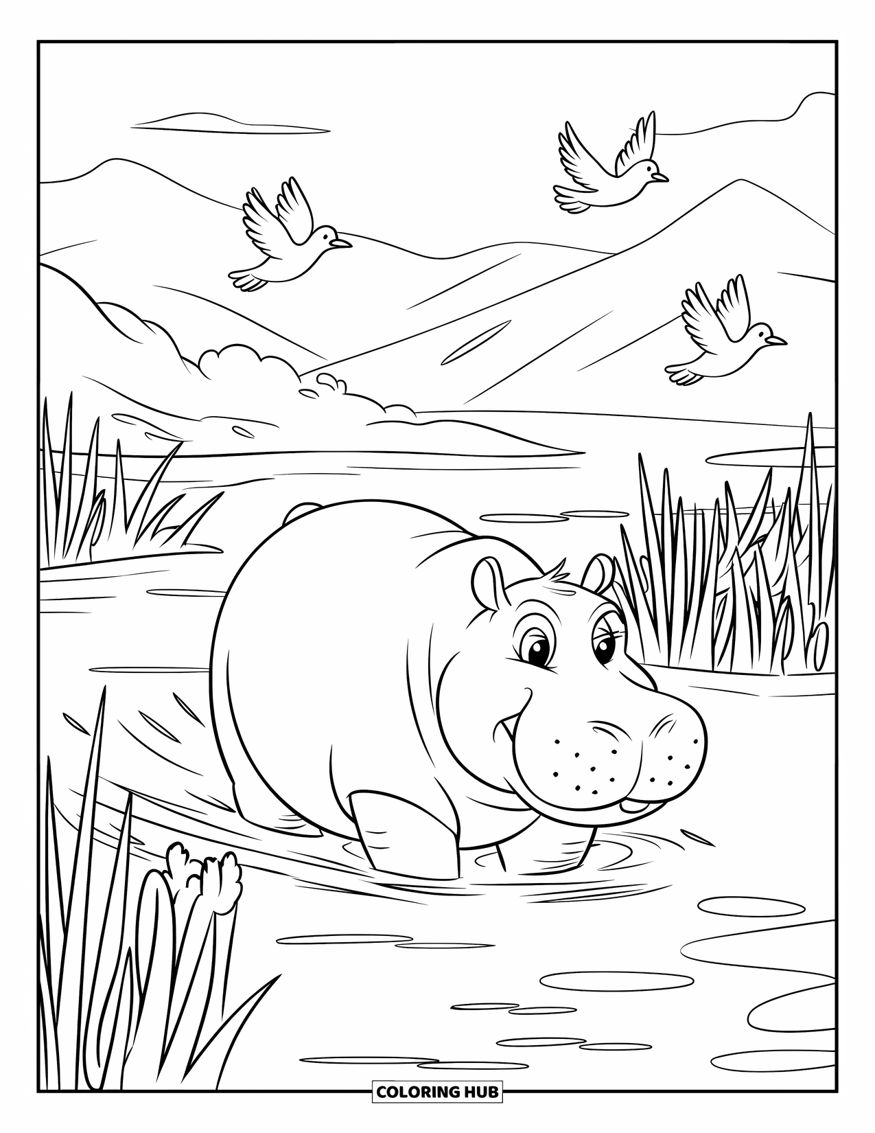Kolorowanka z hipopotamem dla dzieci: Hipopotam brodzi przez spokojną rzekę, nad którą latają ptaki, a w tle widać góry