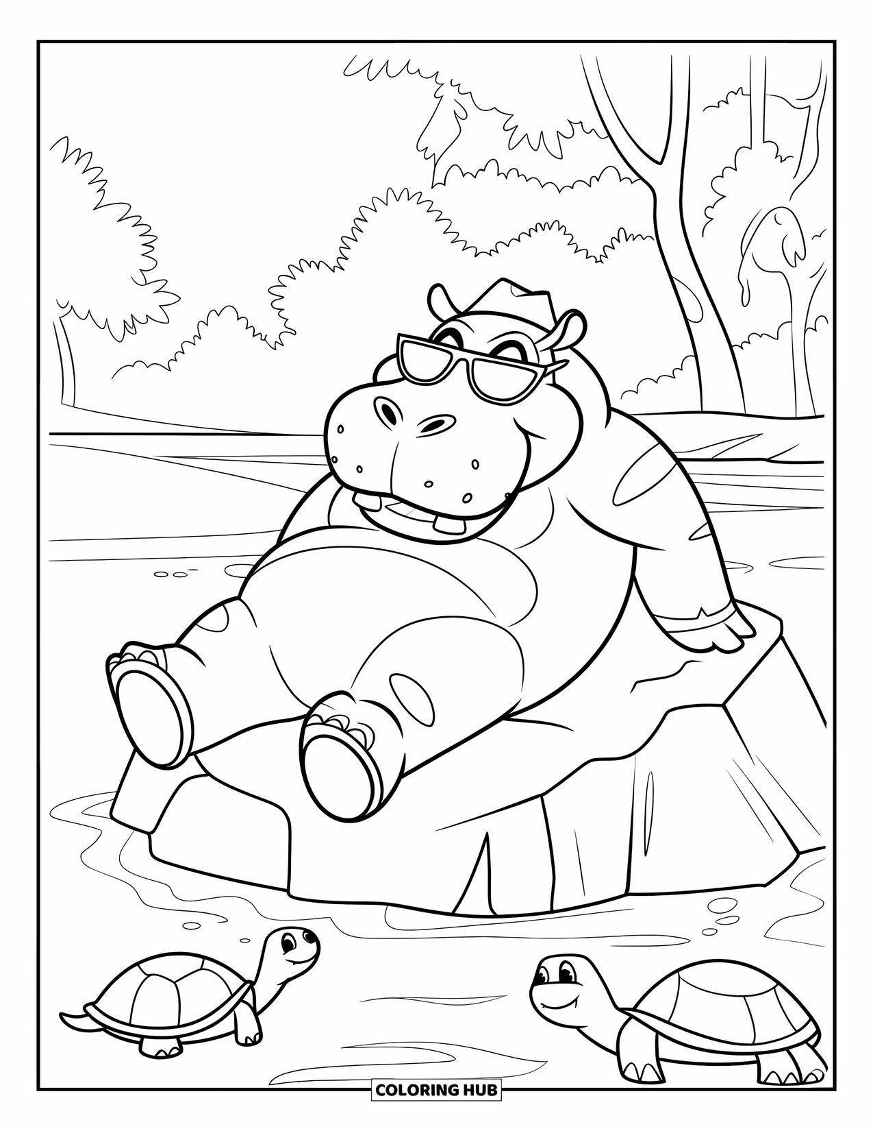 Kolorowanka z hipopotamem dla dzieci: Hipopotam z okularami przeciwsłonecznymi leży na skale w pobliżu żółwi i drzew