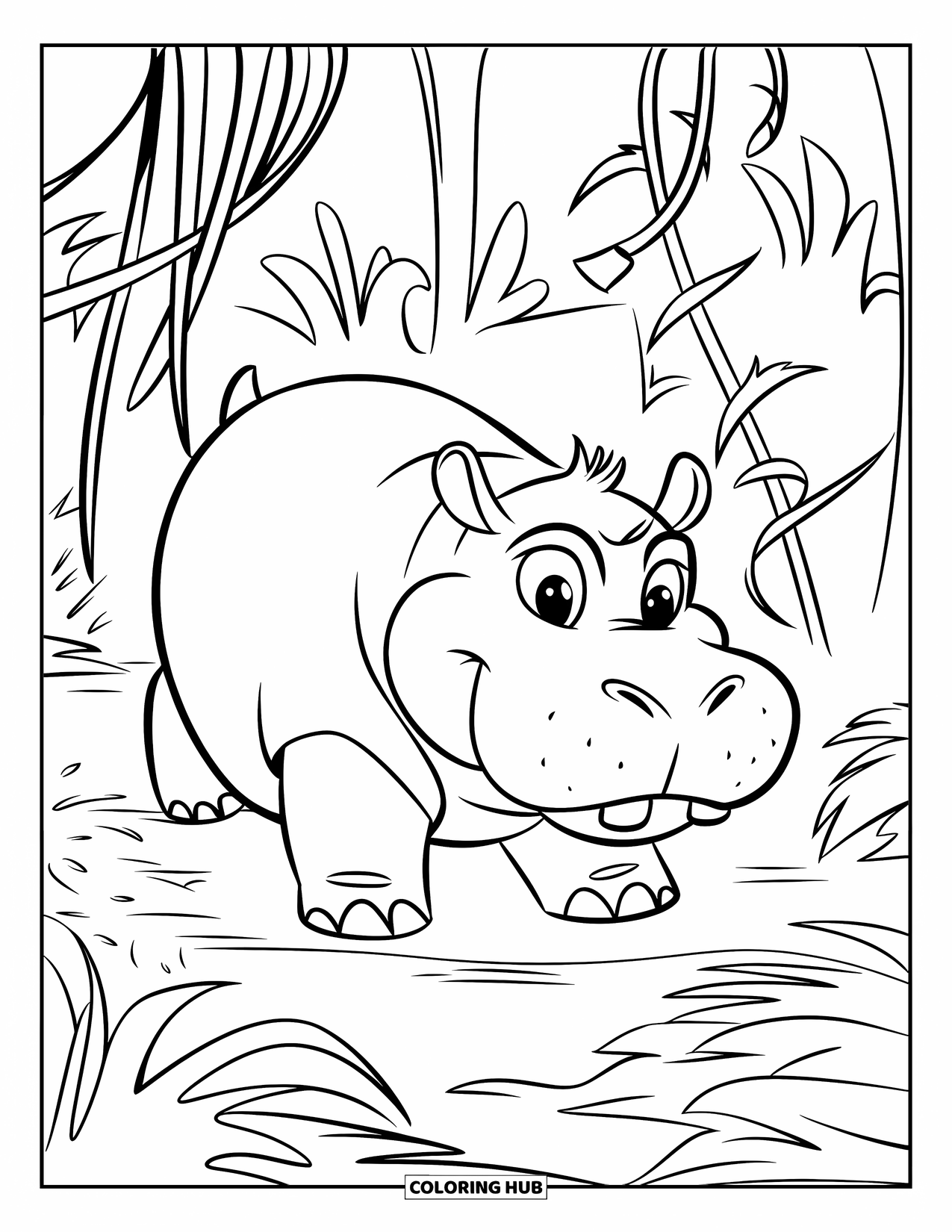 Kolorowanka z hipopotamem dla dzieci: Hipopotam-zwiadowca dżungli porusza się przez pnącza i wysoką trawę z czujnymi oczami