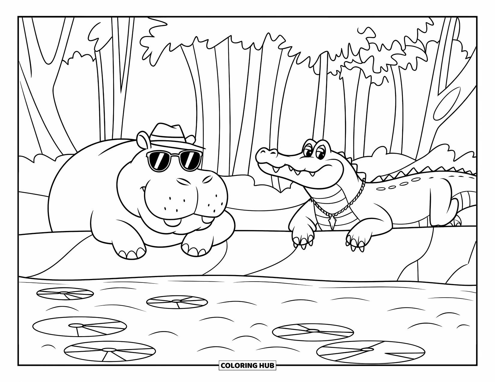 Kolorowanka z hipopotamem dla dzieci: Wyluzowany hipopotam i krokodyl relaksują się w pobliżu rzeki pod wysokimi drzewami lasu