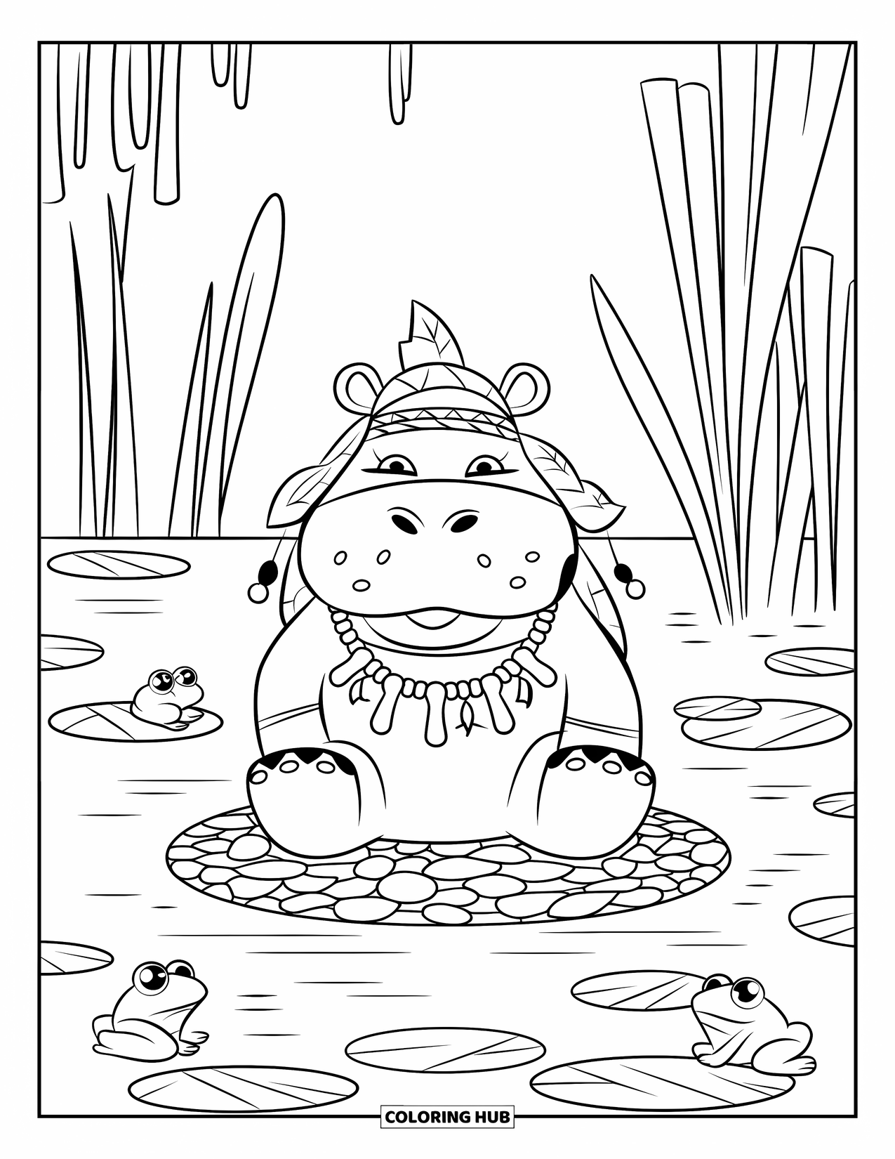 Kolorowanka z hipopotamem dla dzieci: Spokojny hipopotam-szaman siedzi w kamieniach otoczony żabami i mgłą bagienną