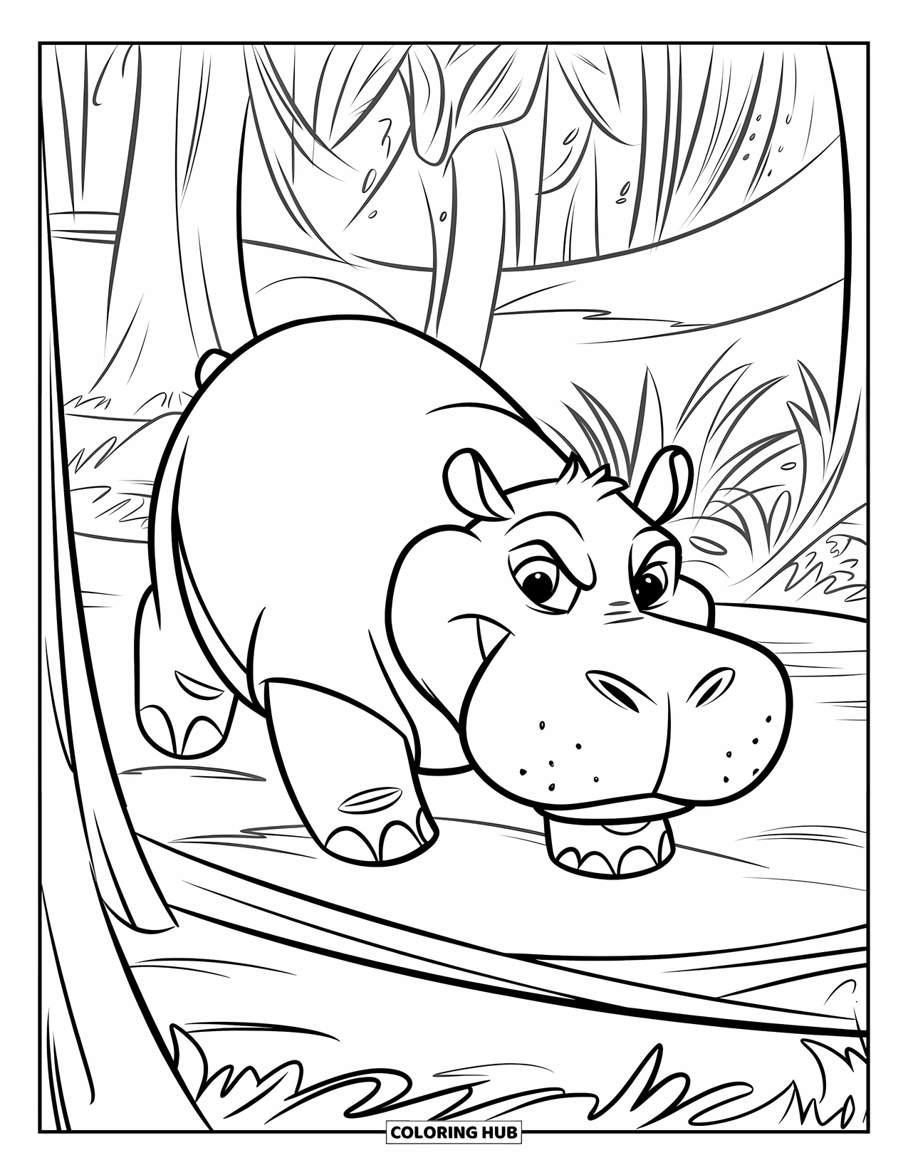 Kolorowanka z hipopotamem dla dzieci: Hipopotam-zwiadowca nawiguje przez wysoką trawę i pnącza dżungli z bystrym spojrzeniem