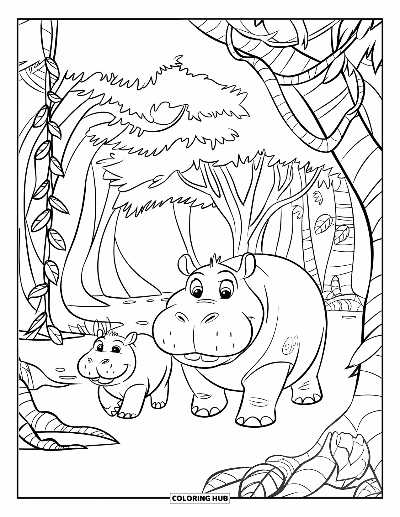 Kolorowanka z hipopotamem dla dzieci: Uśmiechnięty hipopotam i jego dziecko spacerują wśród liściastych drzew i powykręcanych pnączy dżungli