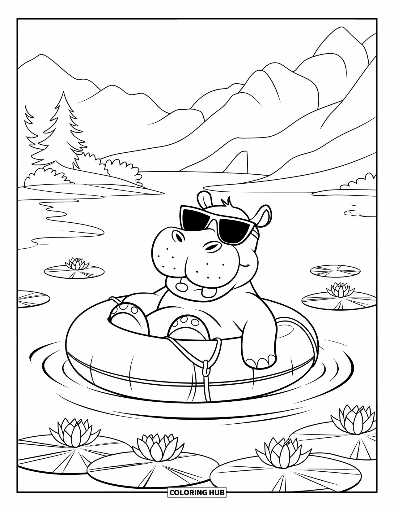 Kolorowanka z hipopotamem dla dzieci: Uśmiechnięty hipopotam unosi się na wodzie, otoczony liliami i spokojną scenerią