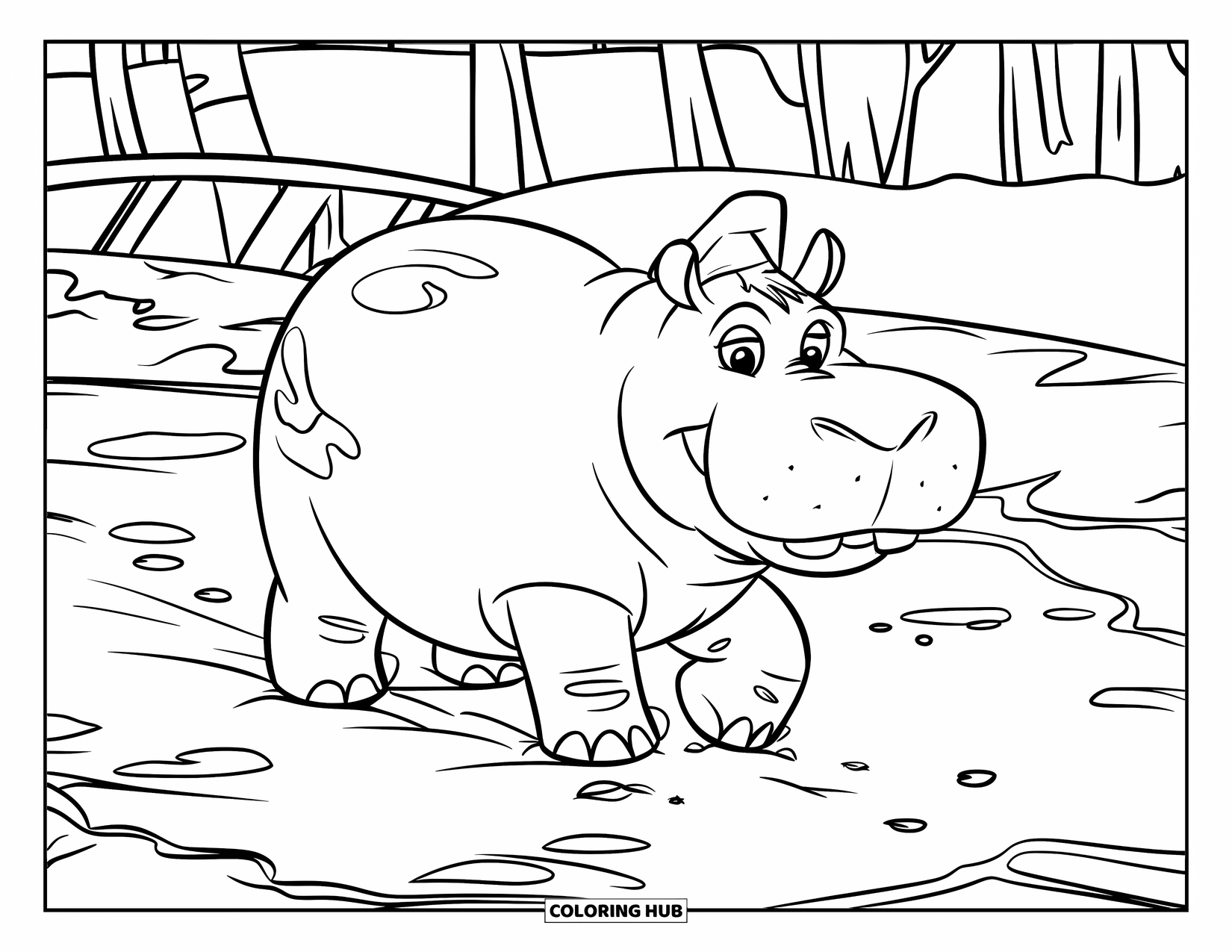 Kolorowanka z hipopotamem dla dzieci: Uśmiechnięty hipopotam w kapeluszu spaceruje w pobliżu kałuż z drzewami i mostem w pobliżu