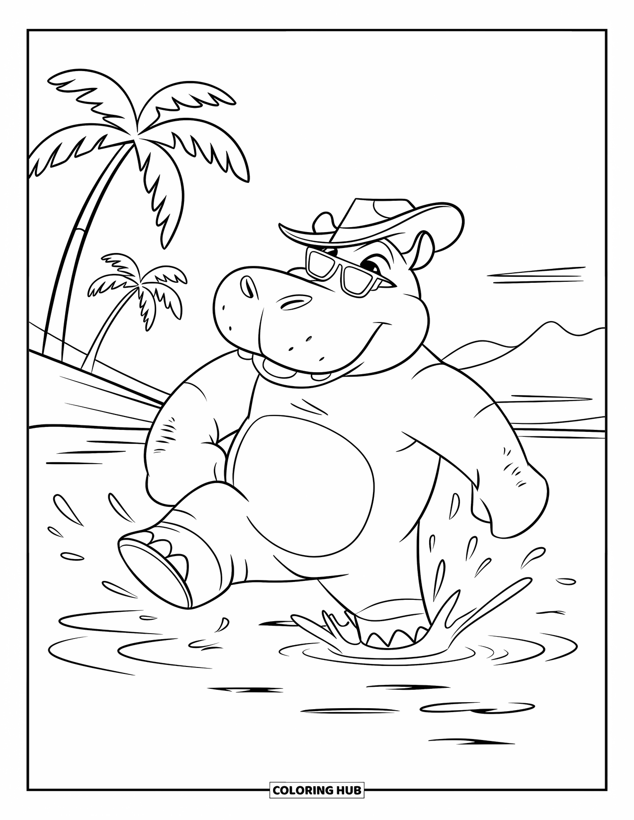 Kolorowanka z hipopotamem dla dzieci: Stylowy hipopotam pluska się w wodzie w pobliżu palm i otwartego nieba