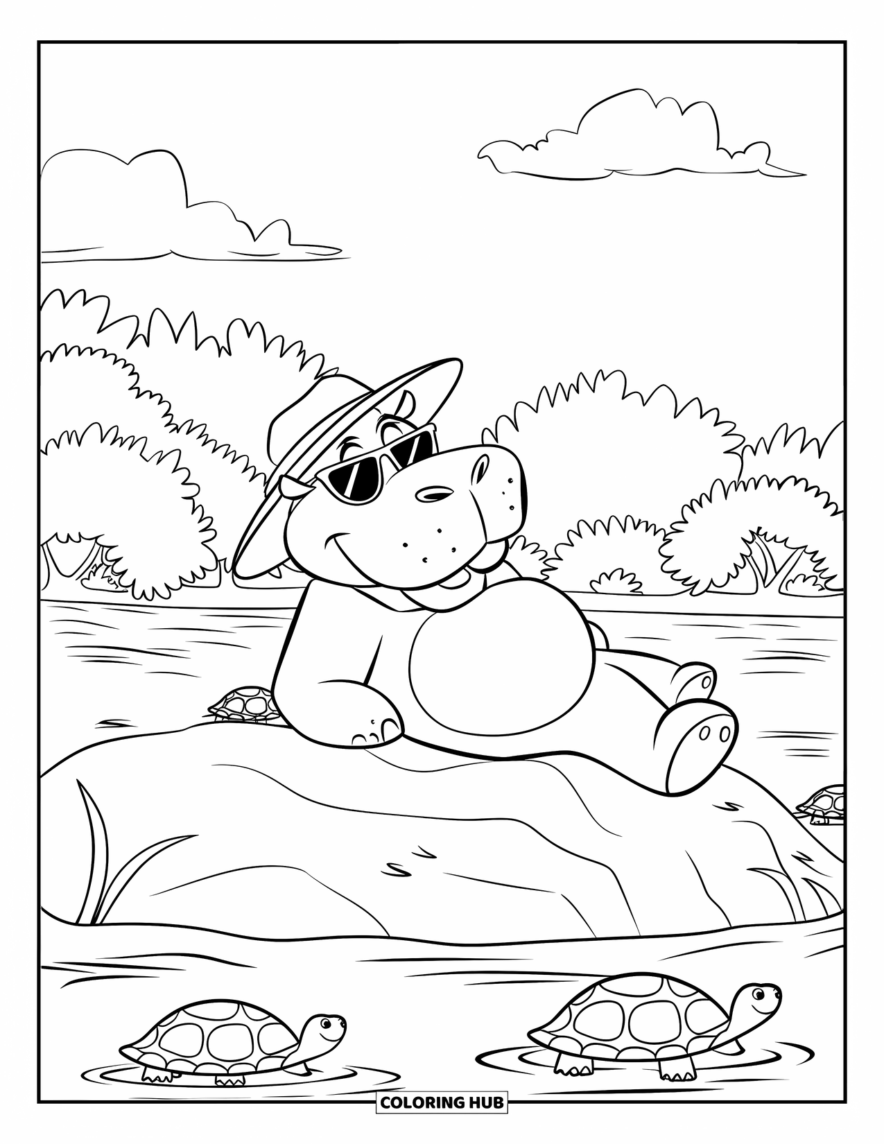 Kolorowanka z hipopotamem dla dzieci: Opalający się hipopotam w słomkowym kapeluszu relaksuje się na skale w pobliżu żółwi i drzew