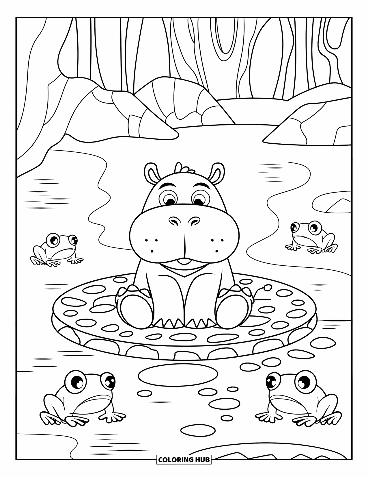 Kolorowanka z hipopotamem dla dzieci: Hipopotam-szaman bagienny siedzi w kamiennym kręgu z żabami i mglistym lasem