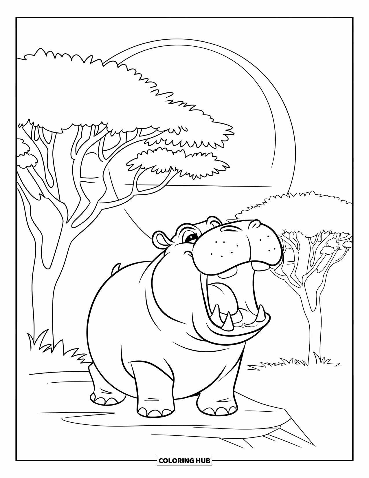 Kolorowanka z hipopotamem dla dzieci: Ziewający hipopotam siedzi pod zachodzącym słońcem, a wokół niego rosną wysokie akacje