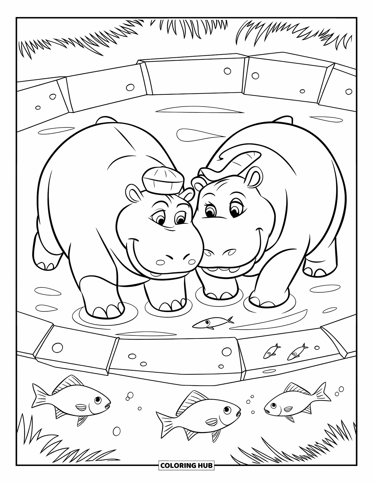 Kolorowanka z hipopotamem dla dzieci: Dwa hipopotamy w kapeluszach trzymają się za ręce i bawią się nad wodopojem pełnym ryb