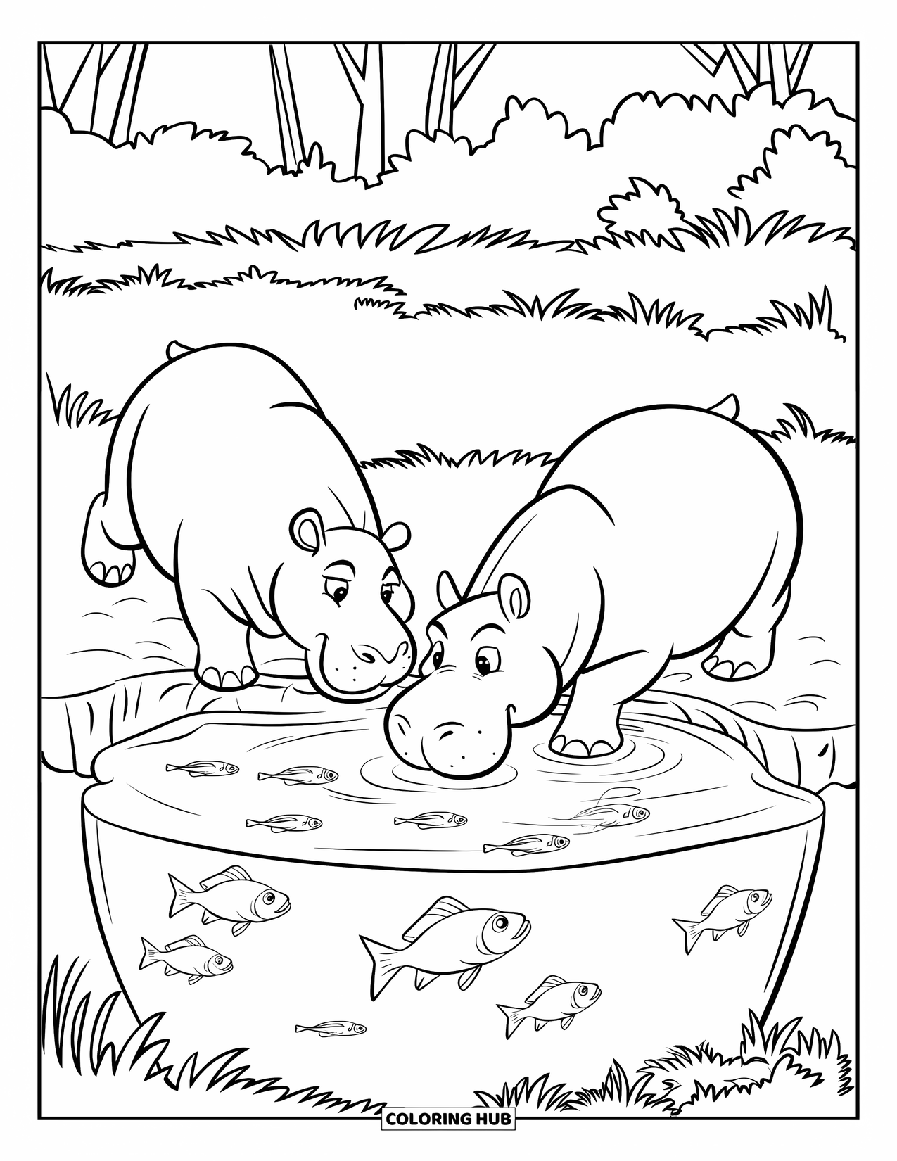 Kolorowanka z hipopotamem dla dzieci: Dwa wesołe hipopotamy pluskają się w wodopoju, a pod nimi pływają ryby