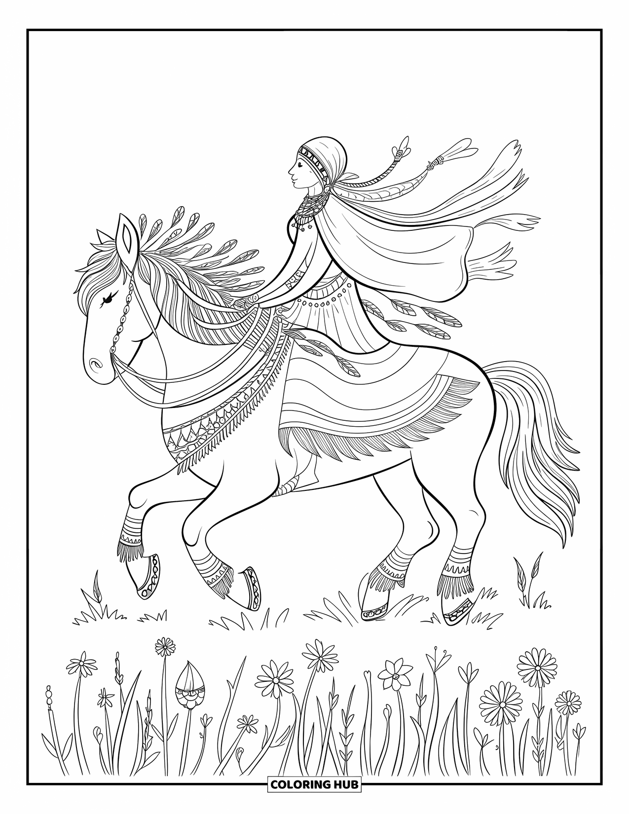 Horse Coloring Page for Adults: A bohemian traveler on horseback rides freely through a field with wildflowers