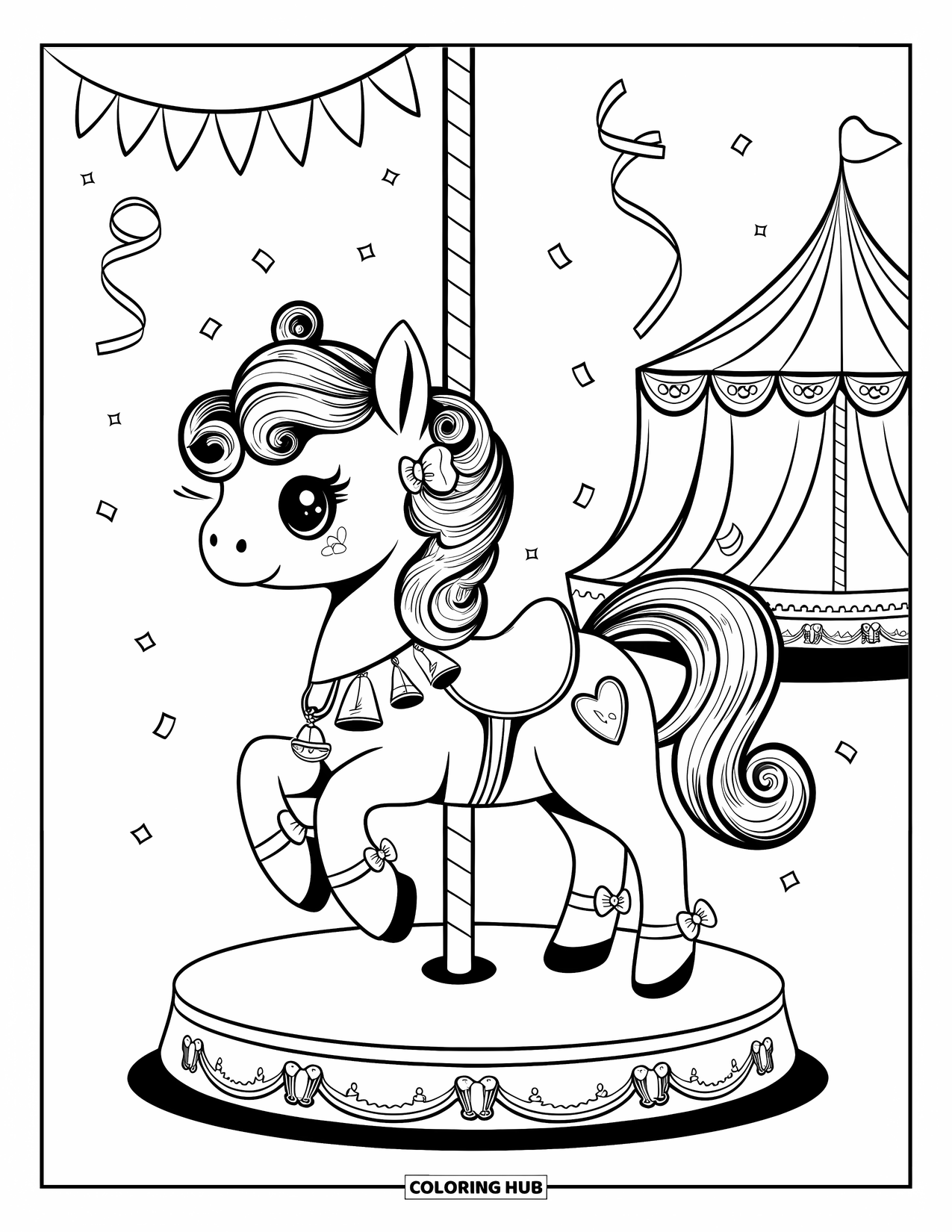 Horse Coloring Page for Adults: A carousel pony with bows and ribbons stands before a carnival tent