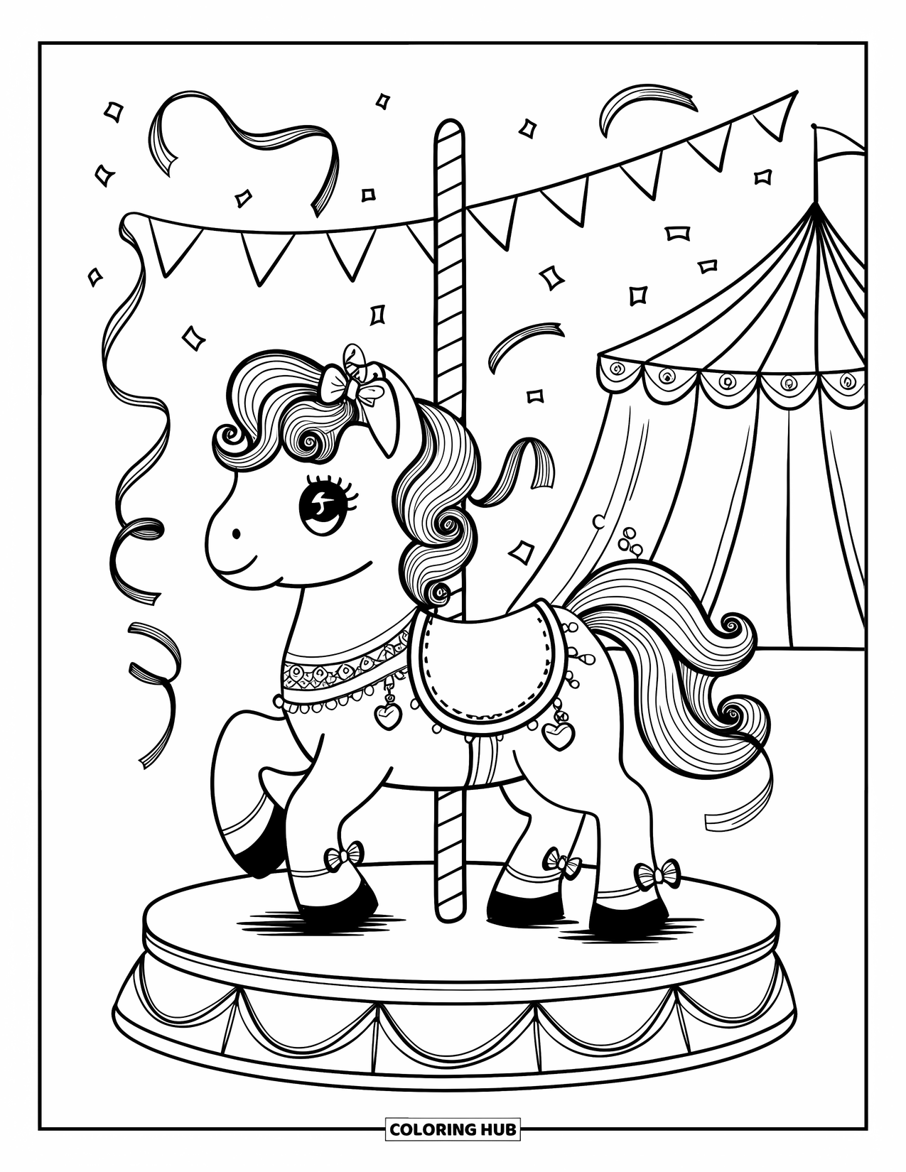 Horse Coloring Page for Adults: A carousel pony with bows on its mane stands on a fancy platform