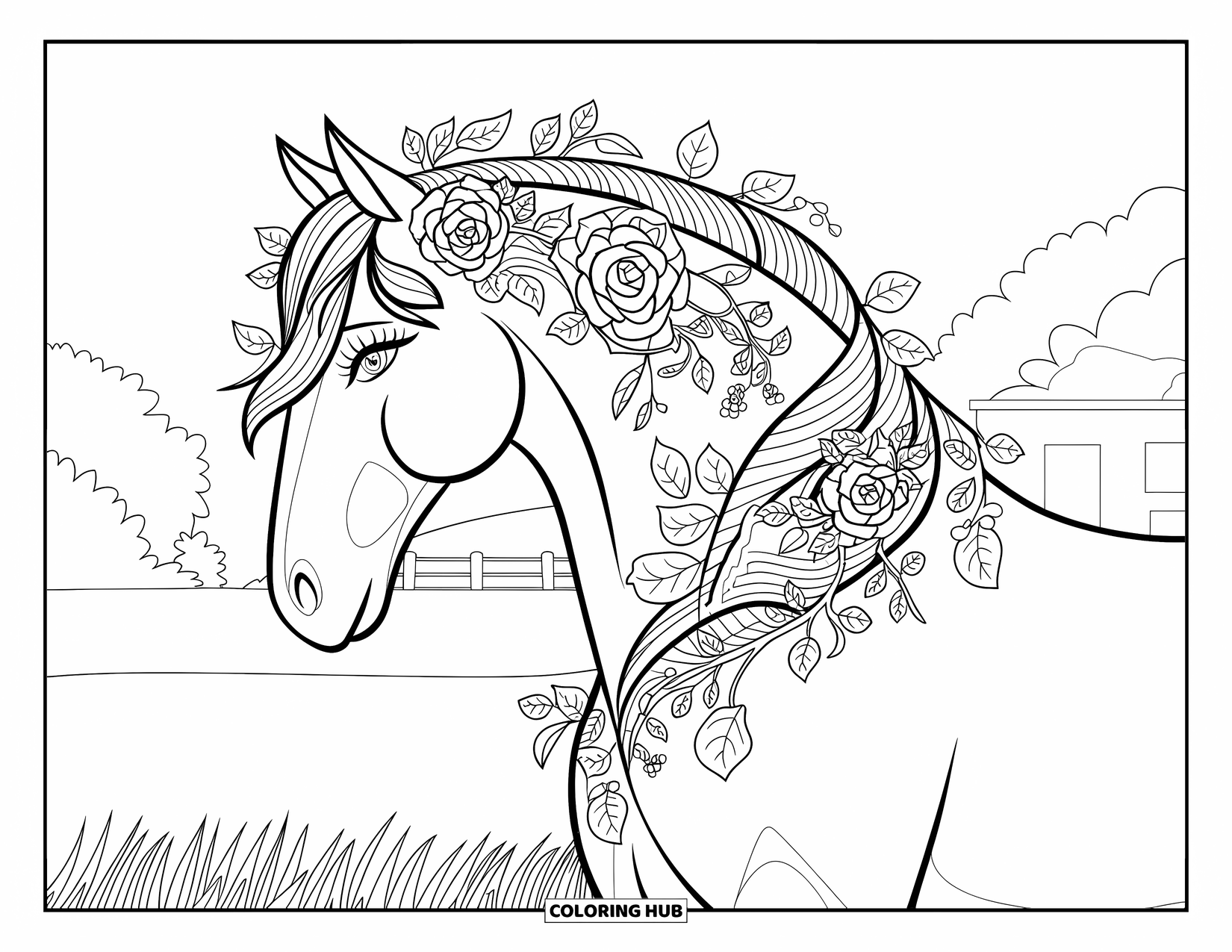 Horse Coloring Page for Adults: A floral horse with roses and vines in its mane stands on a grassy field