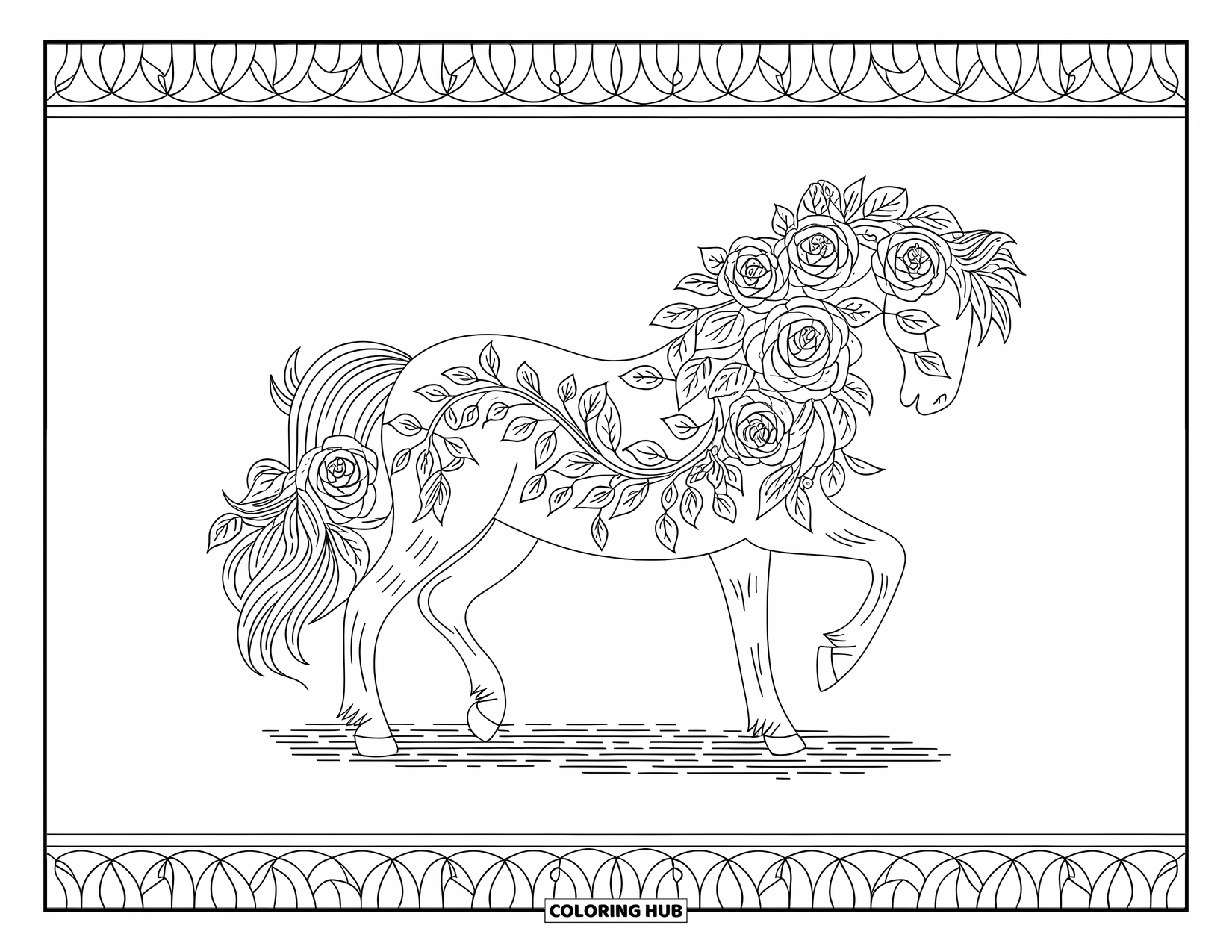 Horse Coloring Page for Adults: A floral horse with vines and roses in its mane stands under a clear sky