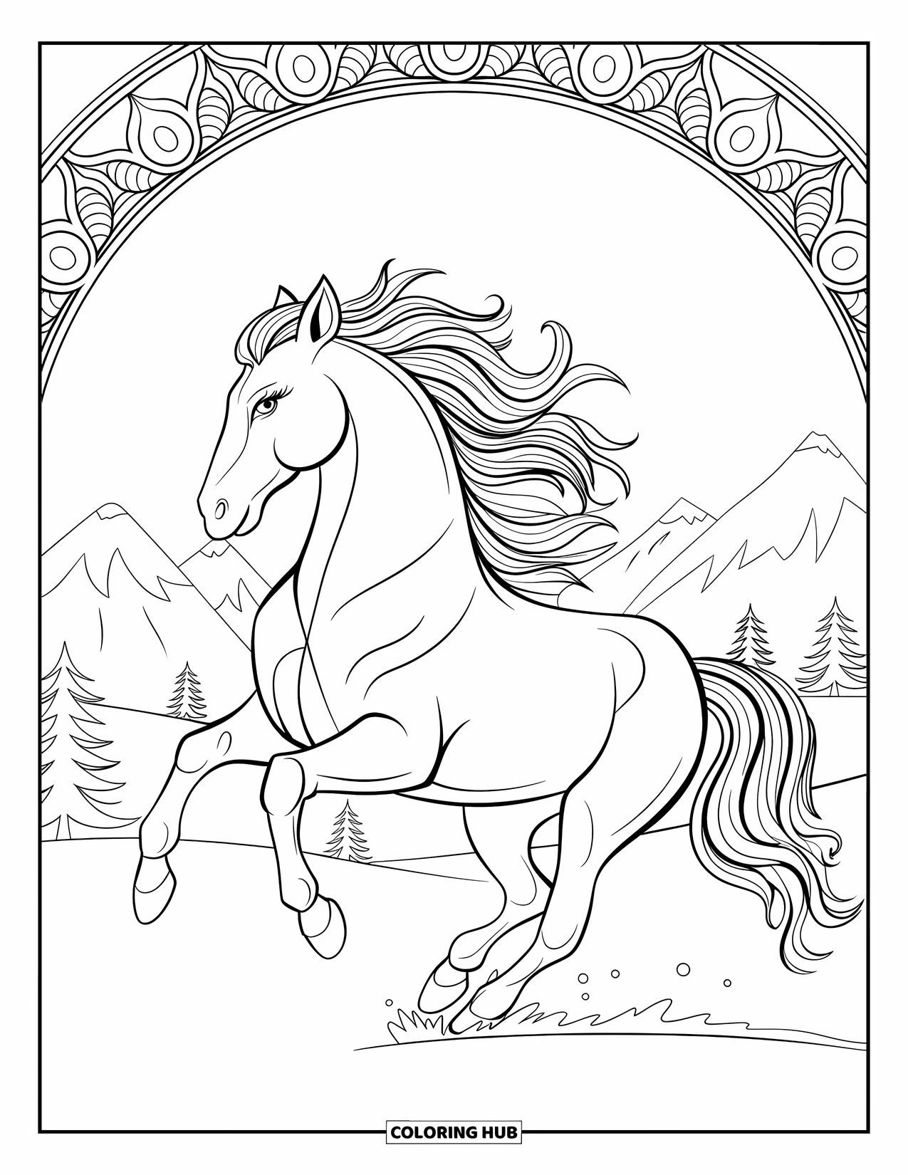 Horse Coloring Page for Adults: A galloping horse with swirling patterns runs past mountains and trees