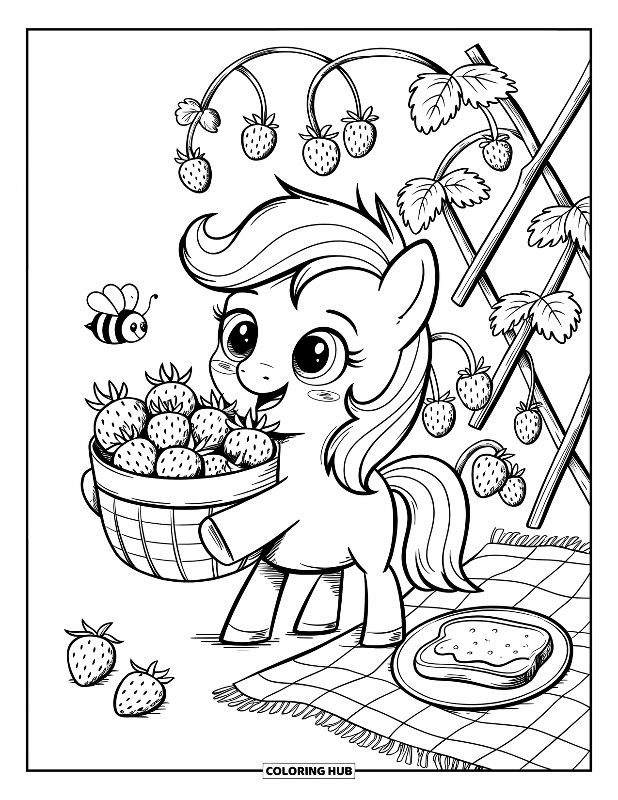 Horse Coloring Page for Adults: A happy pony holds a basket full of strawberries with a bee buzzing nearby