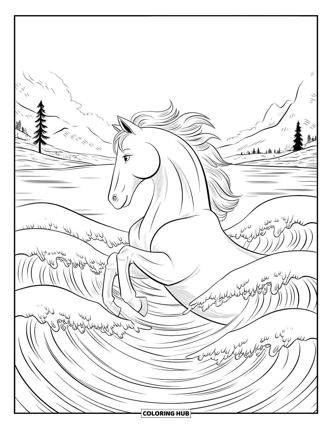 Horse Coloring Page for Adults: A horse emerges from ocean waves with its mane blending into the water