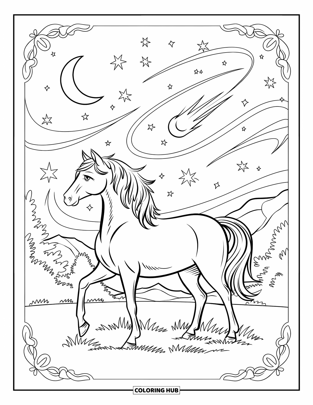 Horse Coloring Page for Adults: A horse stands on grass under a sky filled with stars, a moon, and a comet