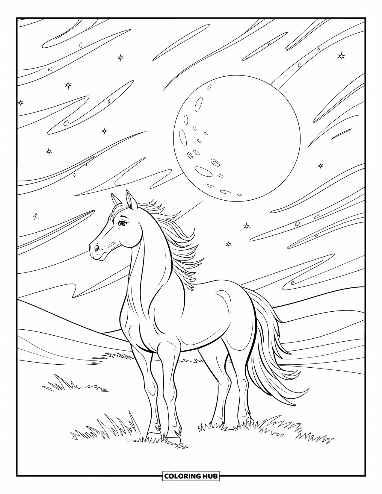 Horse Coloring Page for Adults: A horse stands under a moonlit sky with celestial patterns and rolling hills