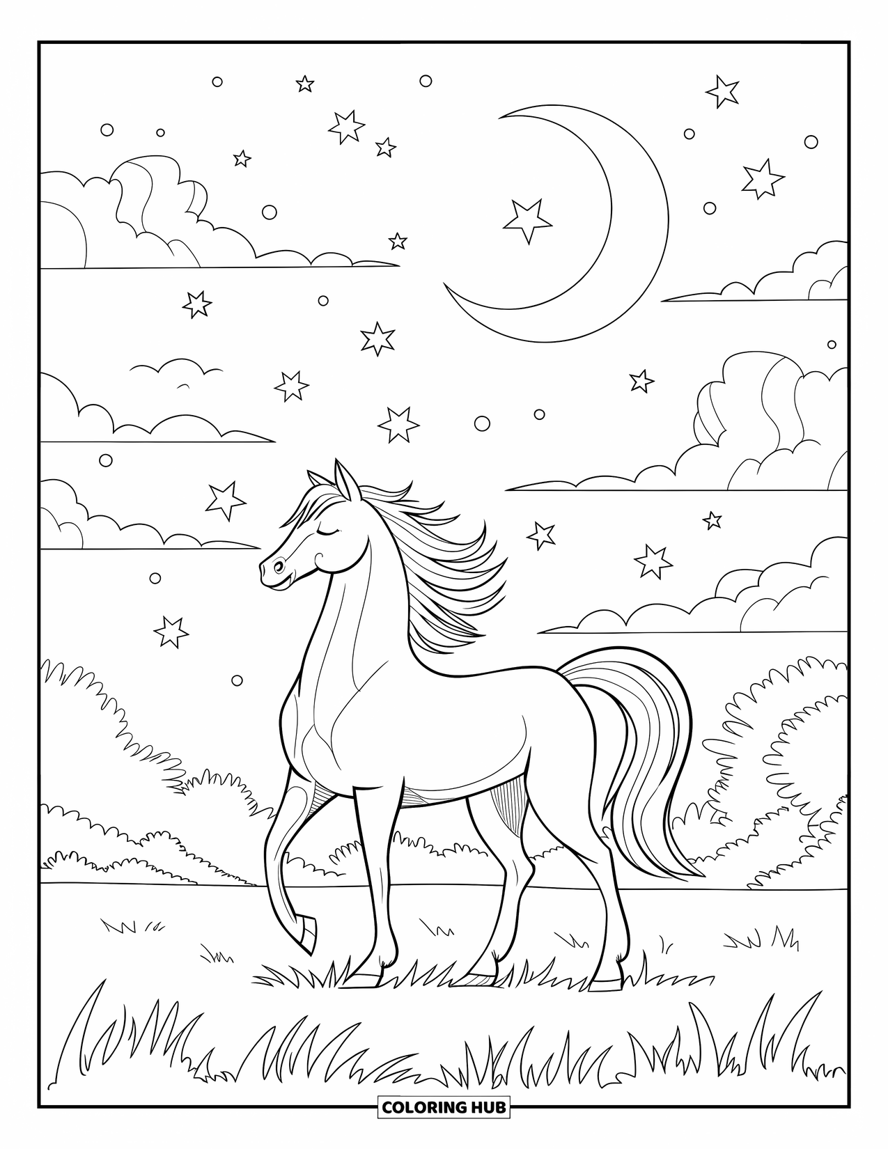 Horse Coloring Page for Adults: A horse stands under a moonlit sky with stars and swirling designs