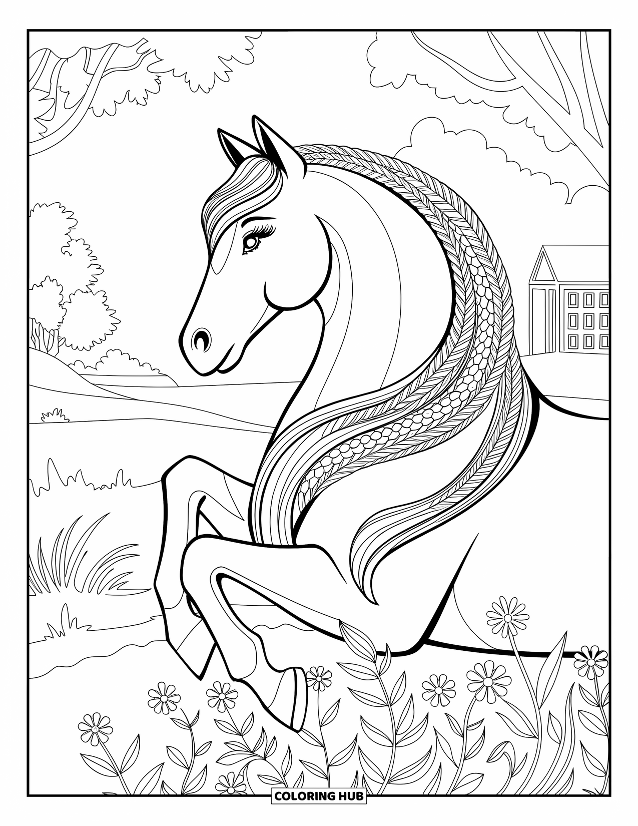 Horse Coloring Page for Adults: A horse with a braided mane stands in a peaceful landscape with trees