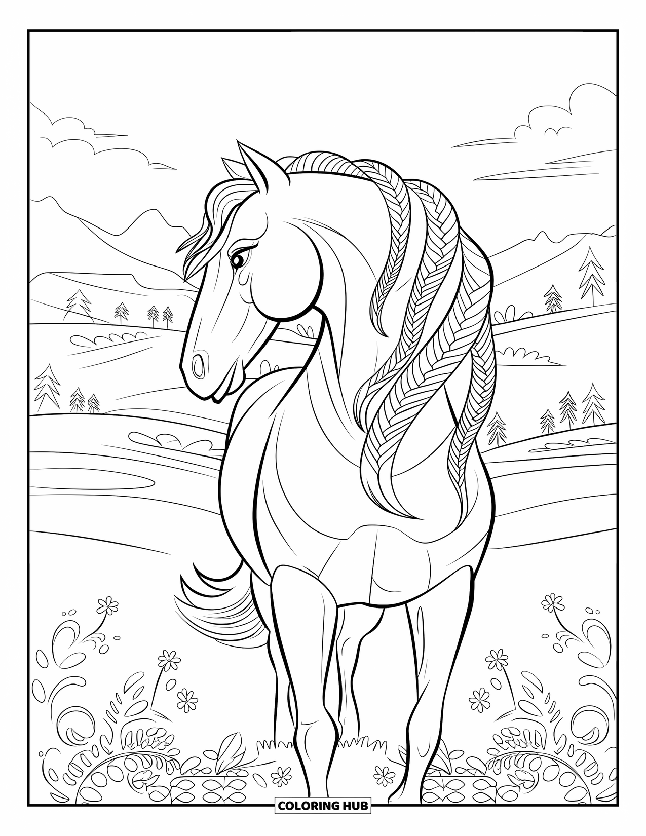 Horse Coloring Page for Adults: A horse with a braided mane stands on a field surrounded by floral patterns