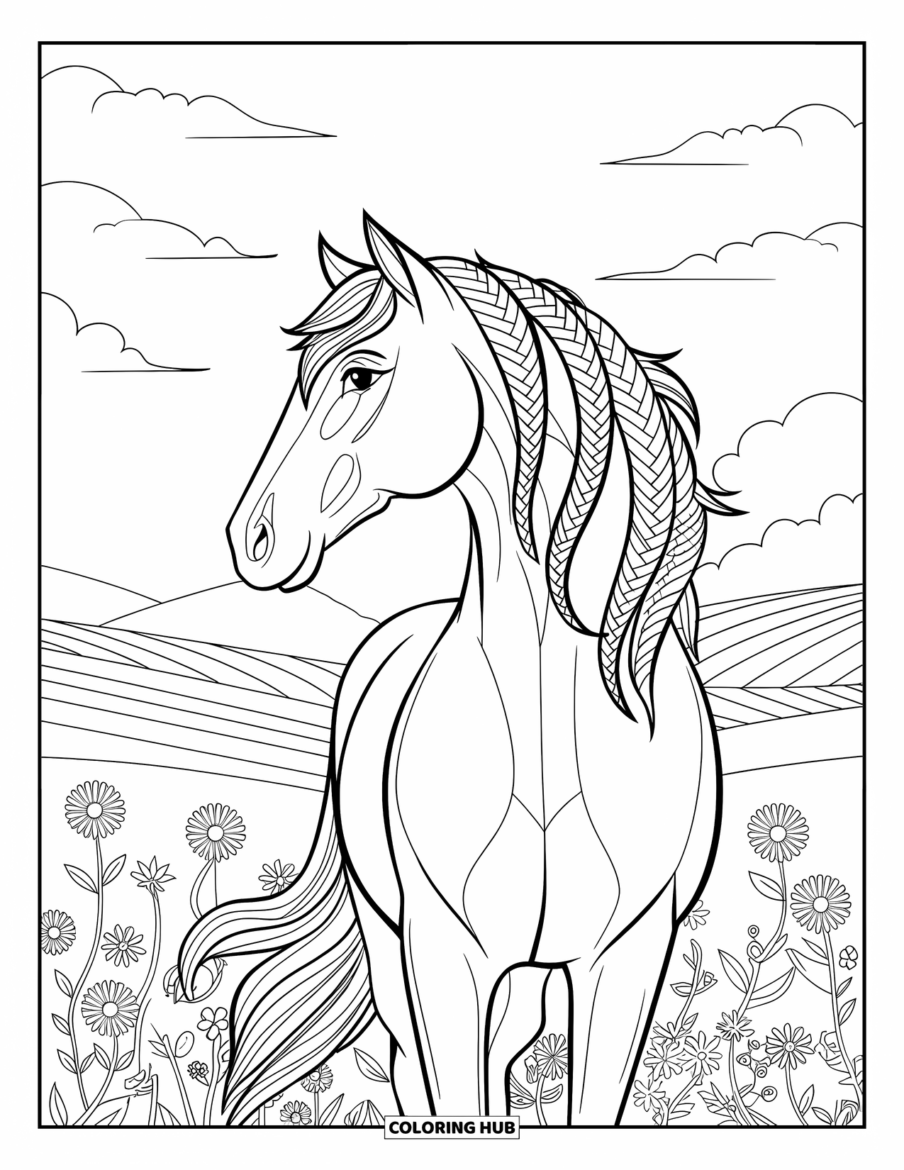 Horse Coloring Page for Adults: A horse with a braided mane stands on a field with floral patterns and hills